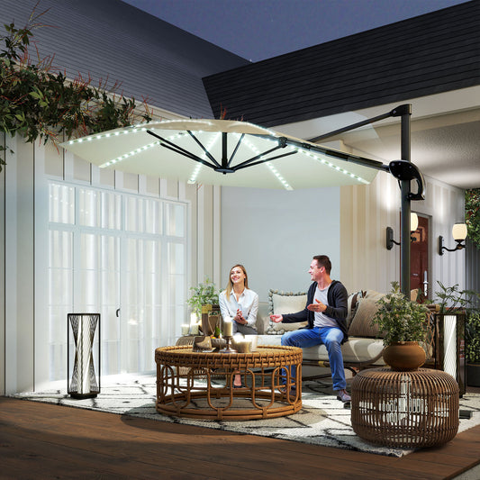 Outsunny 3m Cantilever Parasol With 360 Degree Rotation Solar Powered Lights Crank Handle Cross Base UPF 50 Cream