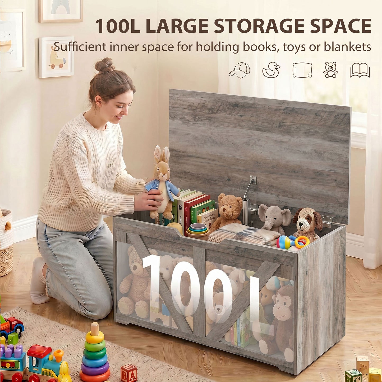 HOMCOM 100L Home Storage Box With Safety Hinge Grey Wood Effect Bench Seat For Living Room