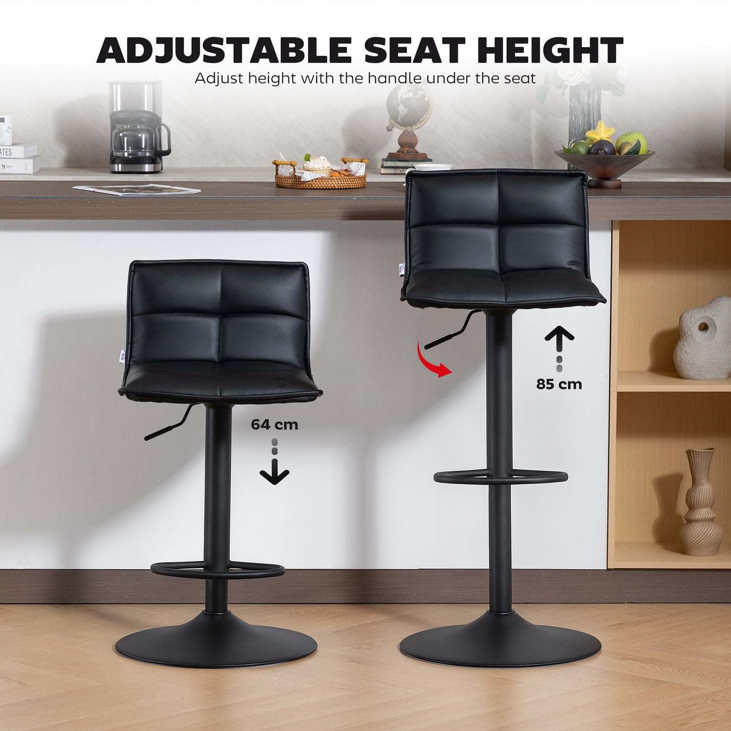 HOMCOM Set Of Two Modern Faux Leather Bar Stools With Gas Lift And 360 Degree Swivel, Adjustable Height 64-85 Cm, Black