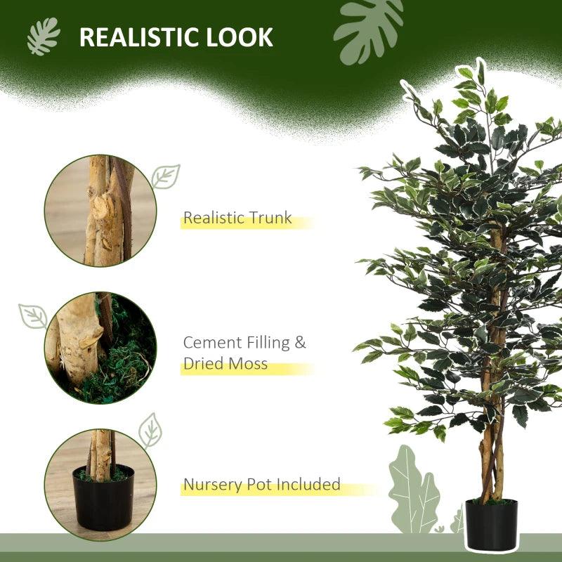 HOMCOM Set of 2 Artificial Ficus Trees in Pot - 130cm Tall Fake Plants with Lifelike Leaves and Natural Trunks - for Indoor and Outdoor Decor - Green - ALL4U RETAILER LTD