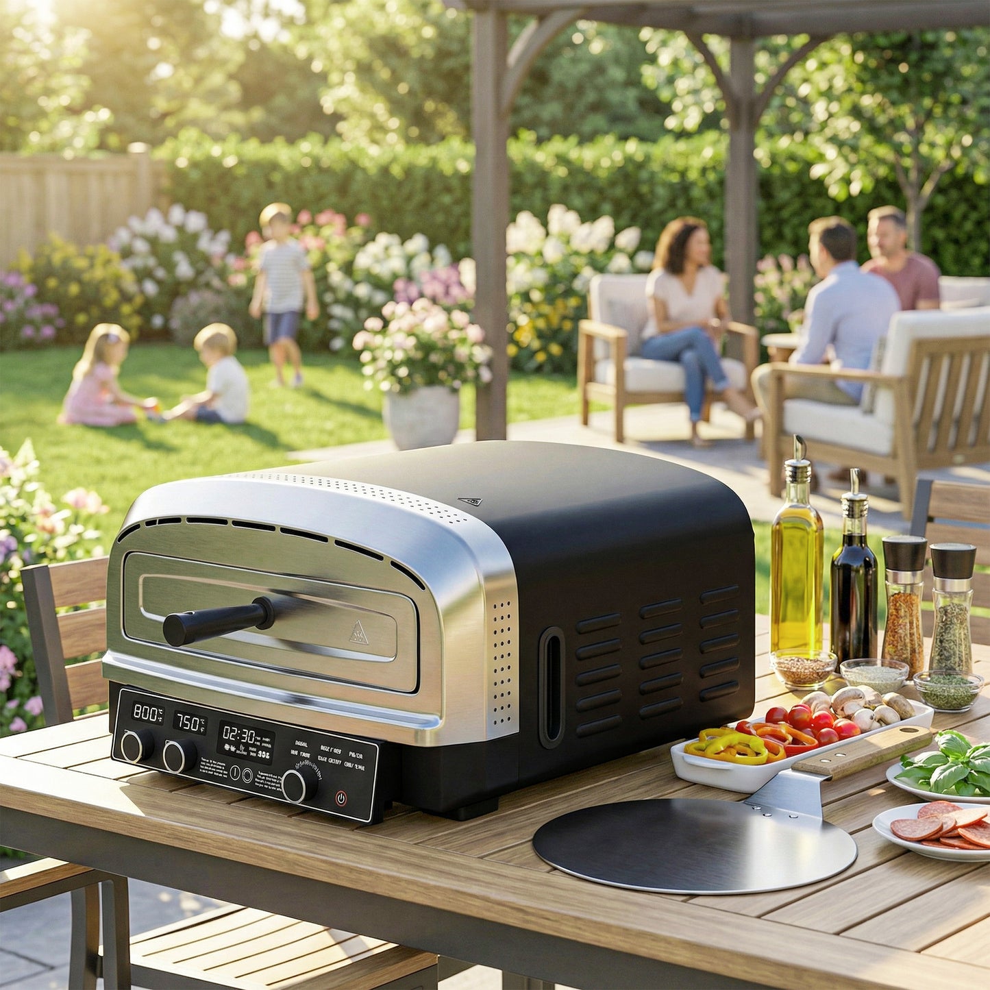 Outsunny Outdoor Electric Pizza Oven with Dual Heat Control and Six Presets 37 cm Stone and Peel