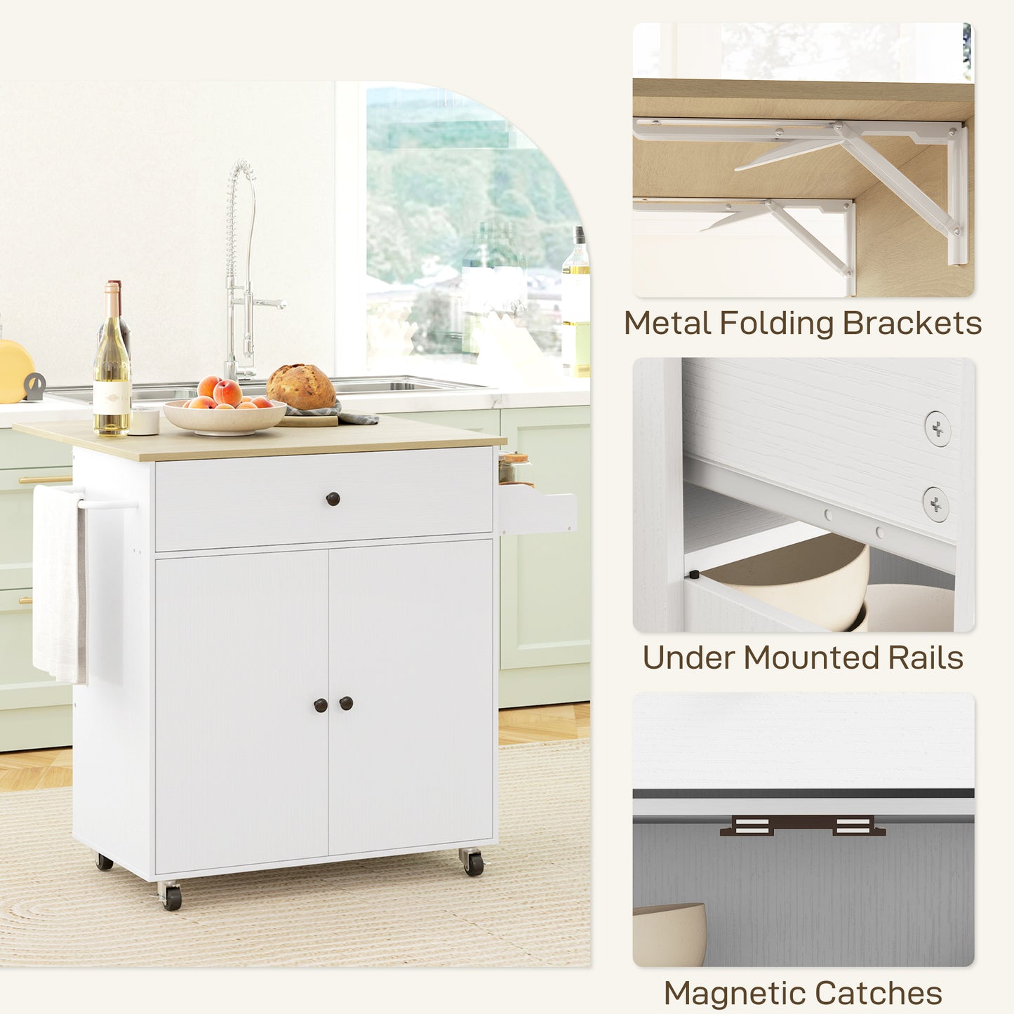 HOMCOM Rolling Kitchen Island With Drop Leaf And Extendable Counter White Cart With Drawer Spice Rack And Towel Rack