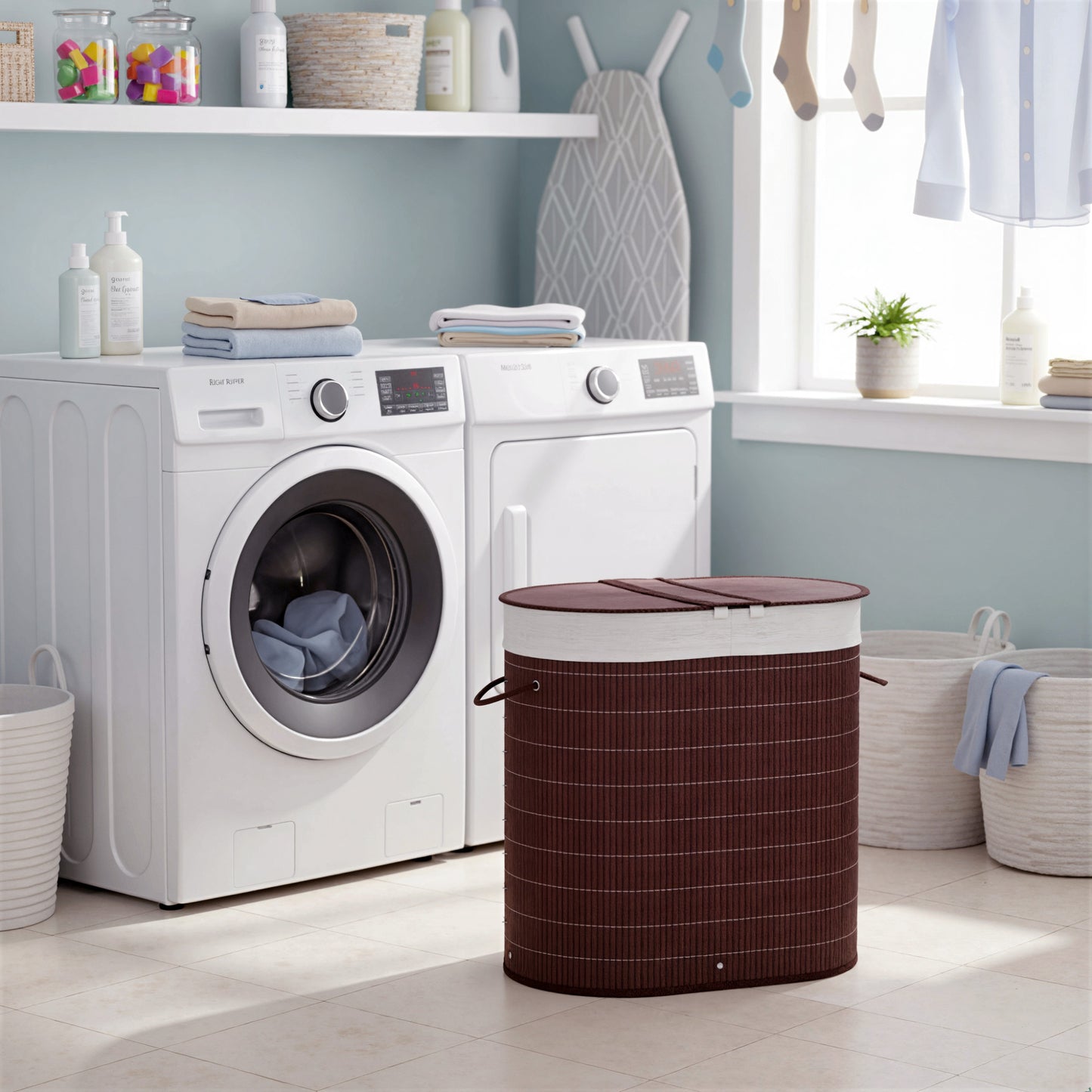 HOMCOM 100L Bamboo Laundry Basket With Lid And Removable Liner Two Compartments Handles Brown