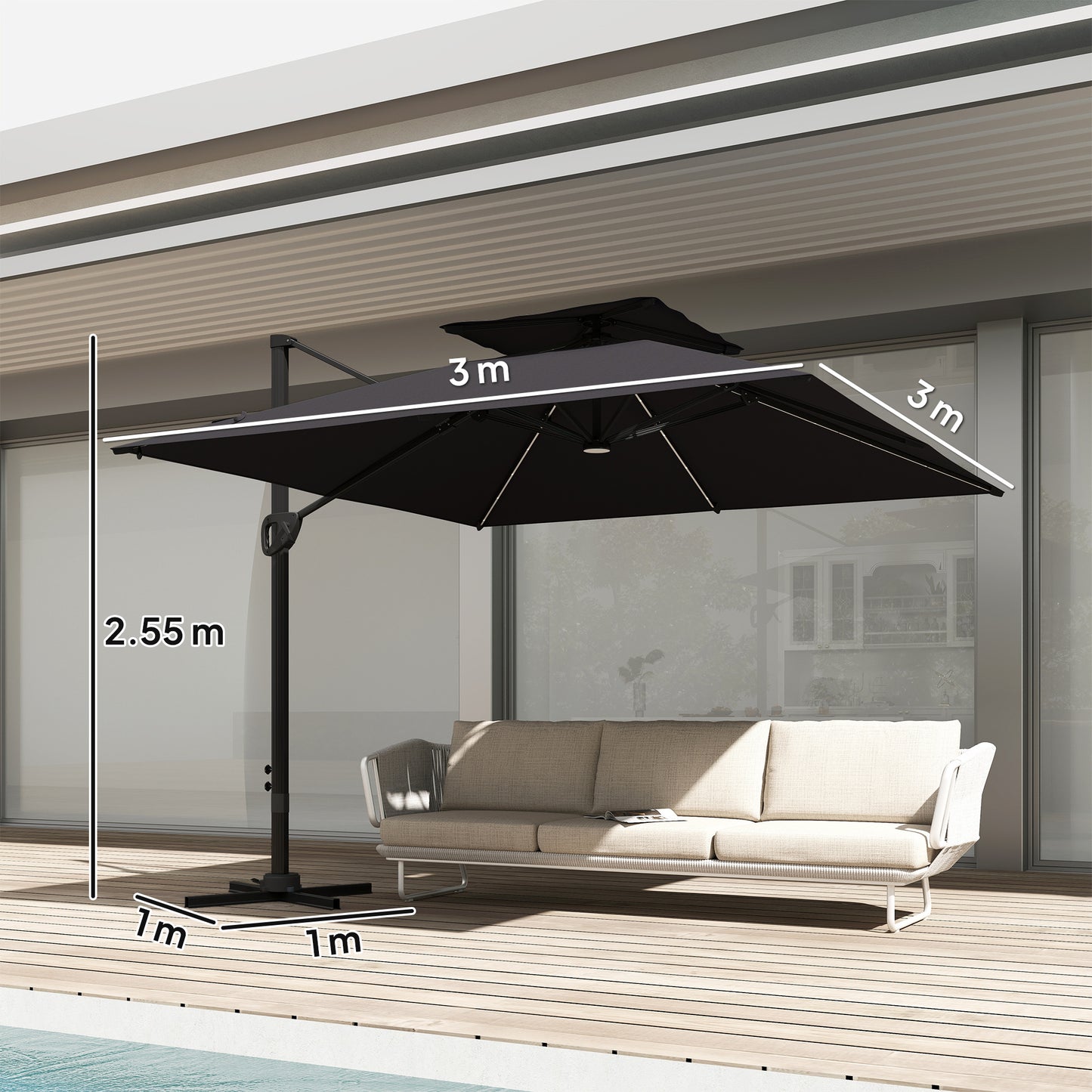 Outsunny Solar Powered LED Light Parasol Umbrella With Tilt And 360 Degree Swivel Black For Outdoor Use