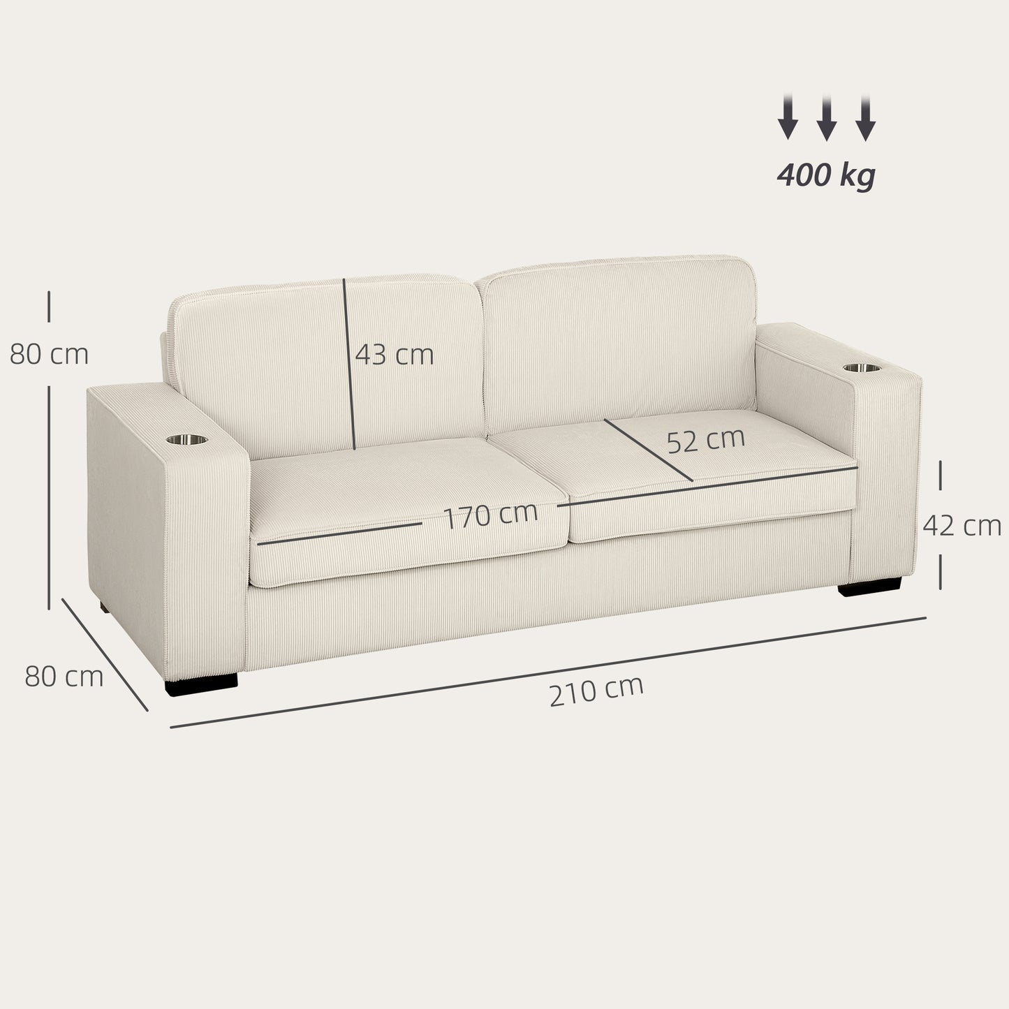 HOMCOM Three Seater Corduroy Sofa Cream White With High Density Foam Cushions And Spring Pack For Everyday Comfort