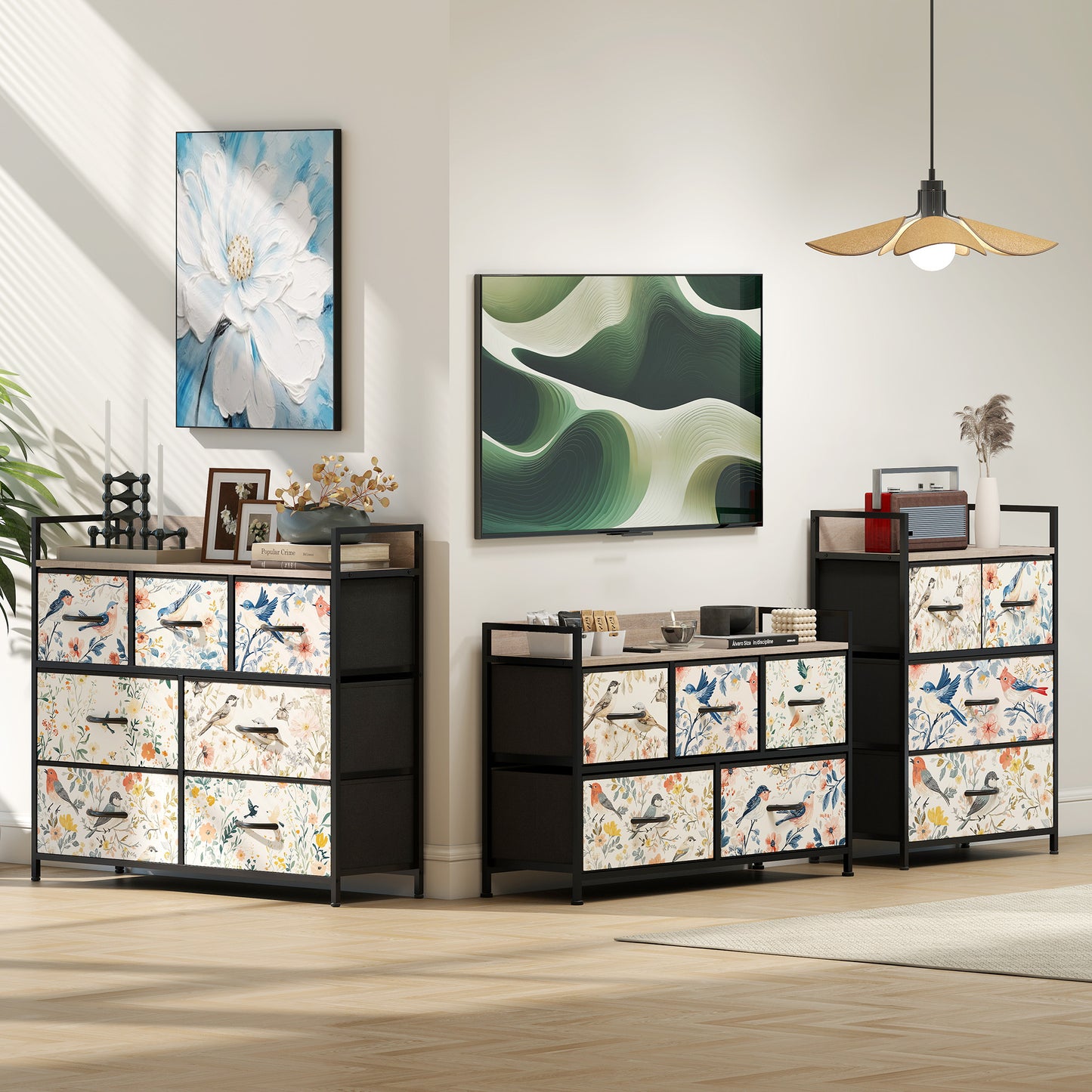 HOMCOM Seven Drawer Fabric Chest Of Drawers In White With Patterned Panels For Bedroom Organization