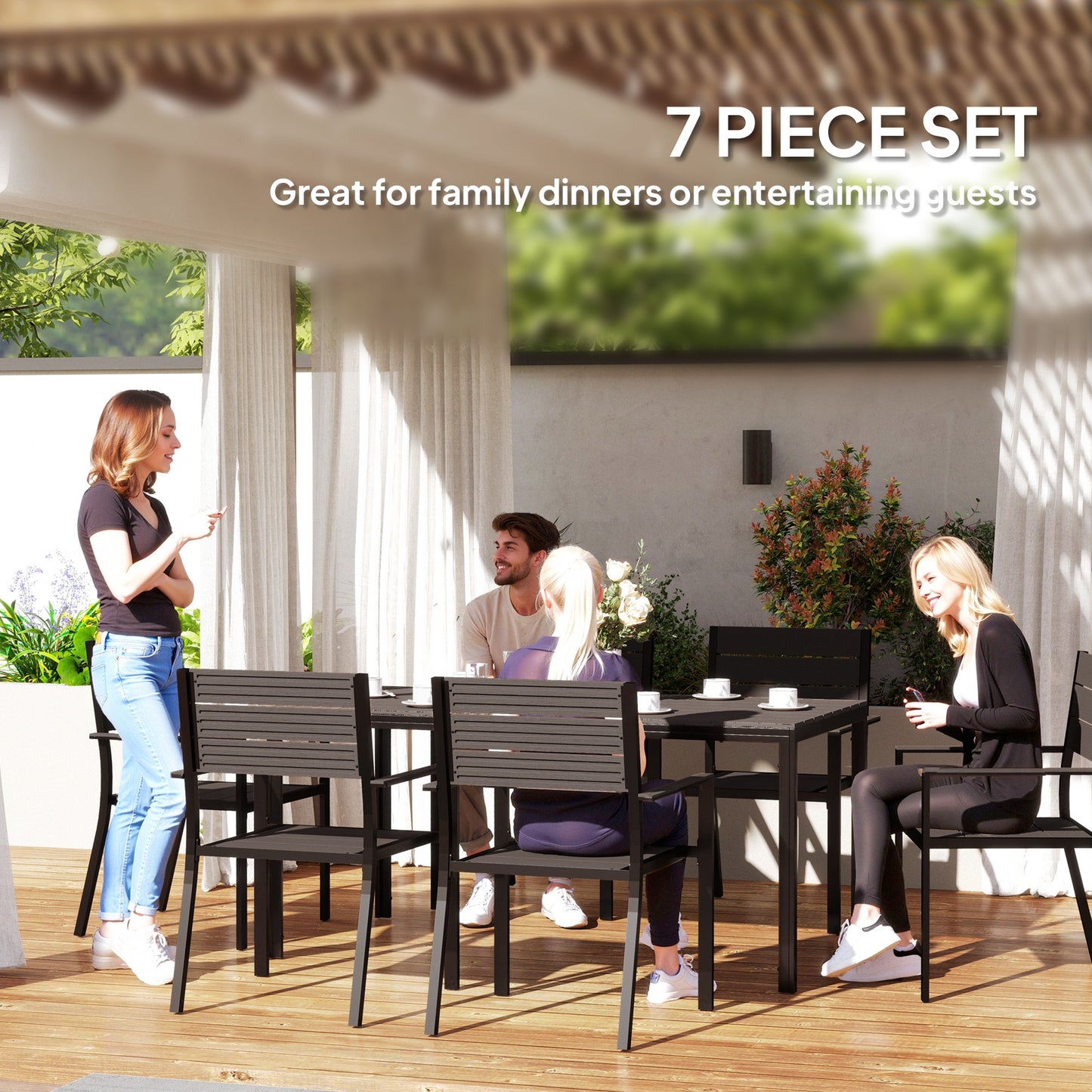 Outsunny Seven Piece Outdoor Dining Set With Six Stackable Chairs Brown For Patio And Garden Slatted Plastic Table