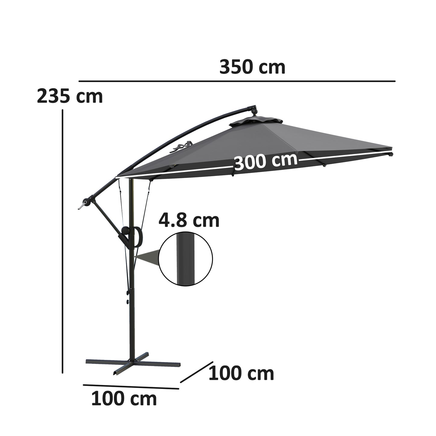 Outsunny 3m Cantilever Garden Parasol With Cover And Wind Straps Round Overhang Umbrella Crank Tilt Grey UPF50 Plus