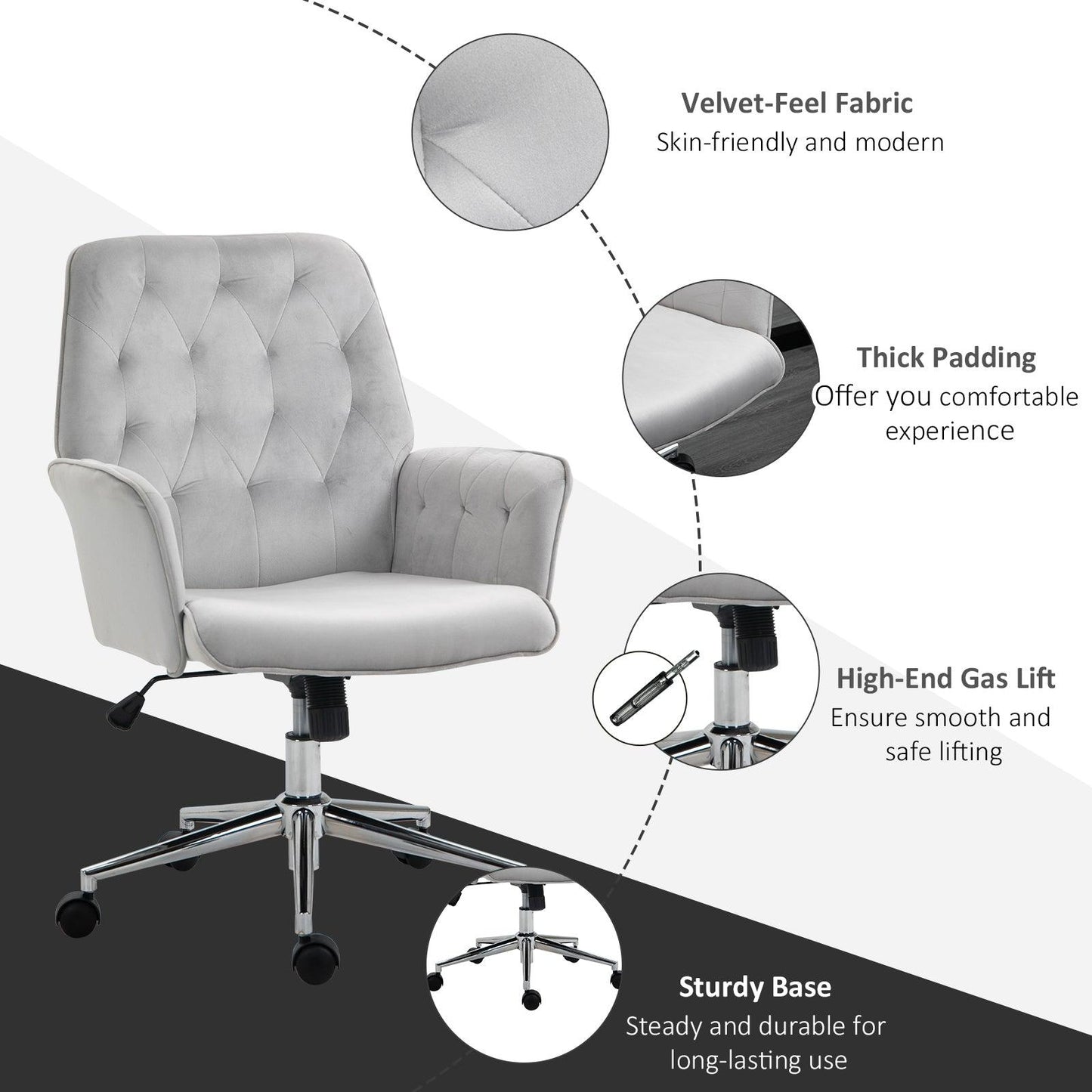 Vinsetto Linen Computer Chair with Armrest, Modern Swivel Chair with Adjustable Height, Light Grey - ALL4U RETAILER LTD