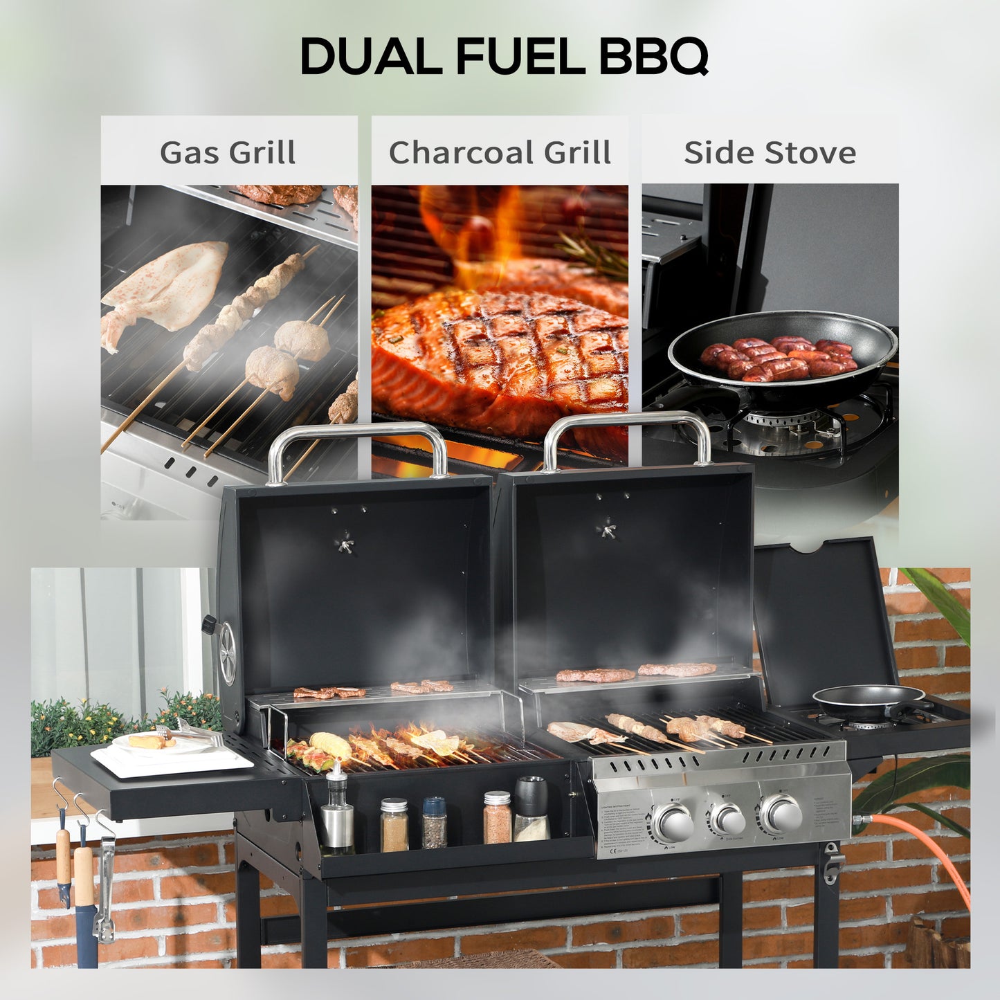 Outsunny Dual Fuel BBQ Grill Charcoal And Gas Combo With 2 Burner Gas Grill And Side Burner Black