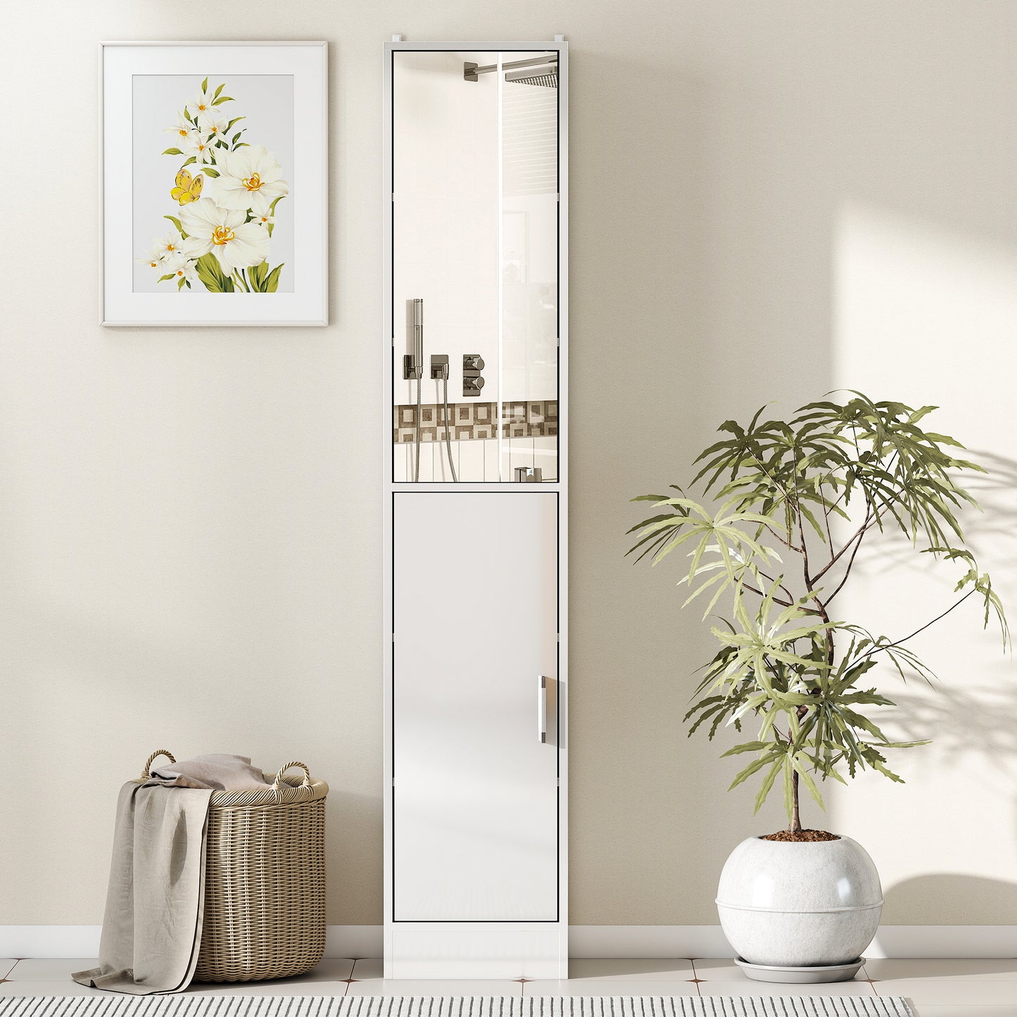 Kleankin Tall Bathroom Cabinet With Mirror And Adjustable Shelf In High Gloss White