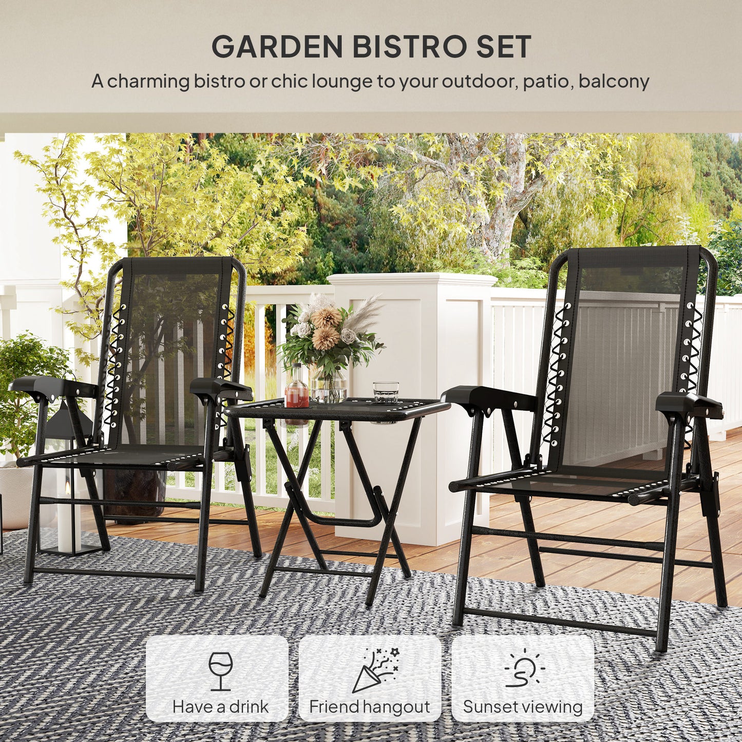 Outsunny Black Three Piece Garden Table And Chair Set With Powder Coated Steel Frame And Texteline Fabric