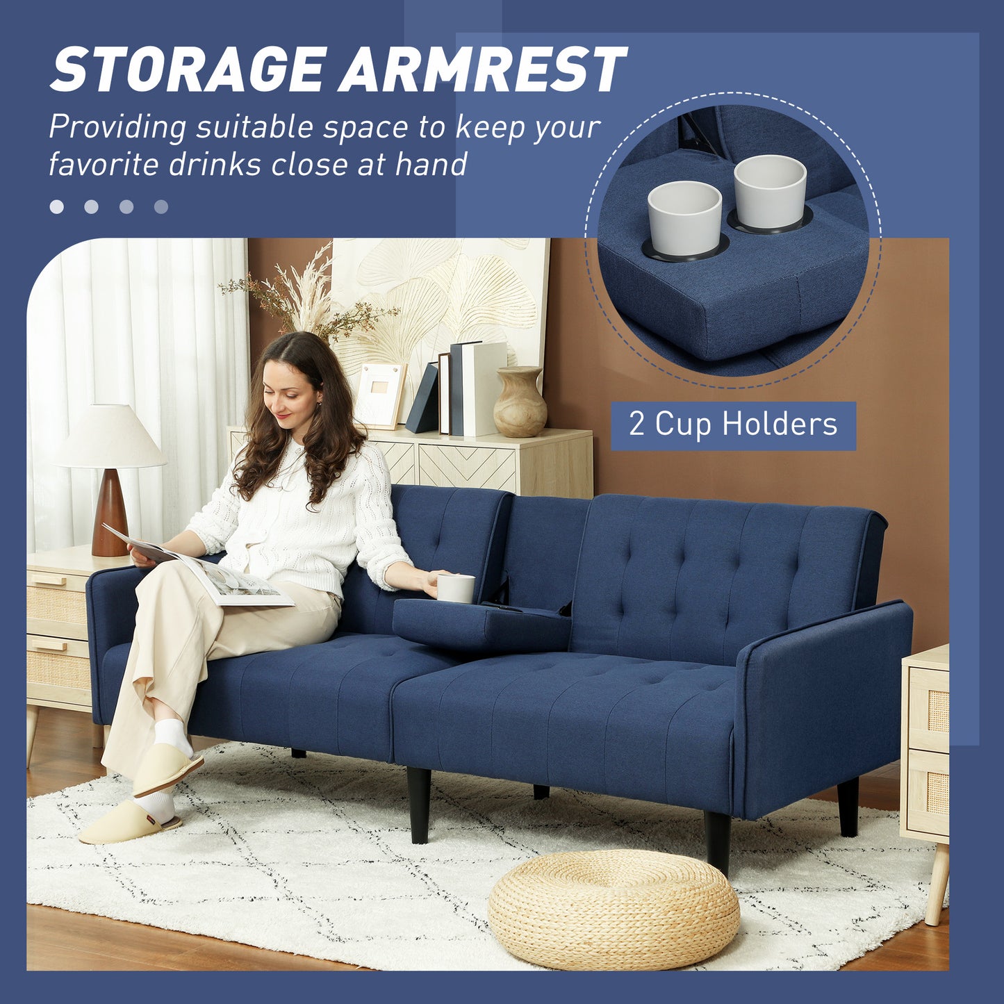 HOMCOM Three Seater Sofa Bed With Cupholders Dark Blue For Small Living Rooms And Guest Rooms