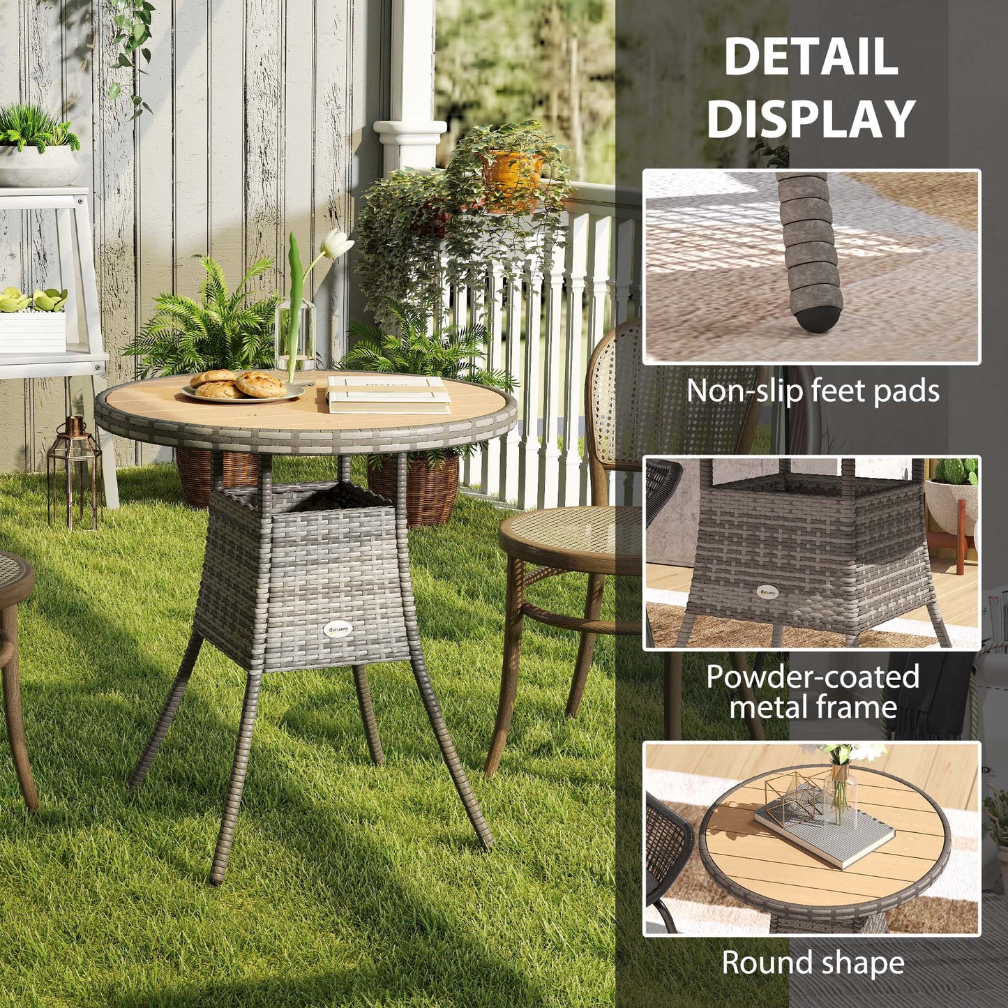 Outsunny 70 Cm Wood Effect Rattan Garden Table With Galvanised Steel Frame Natural Wood Finish