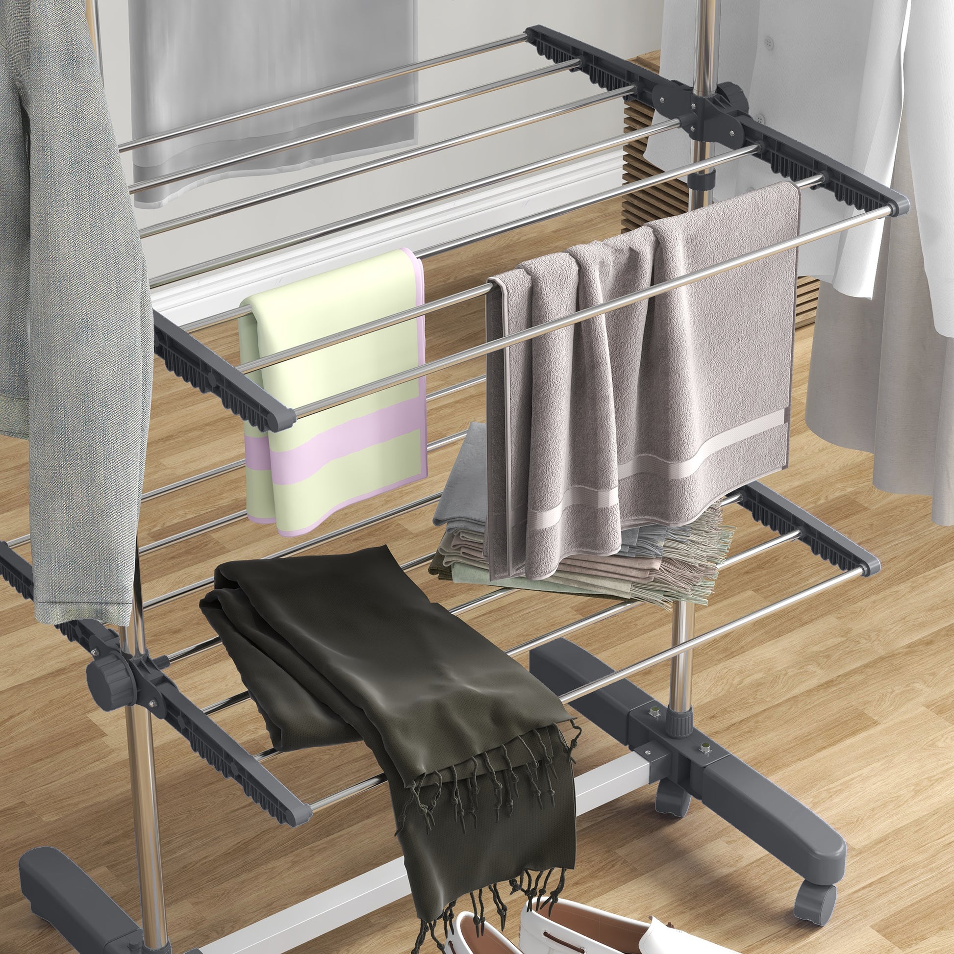 HOMCOM Foldable 4-Tier Clothes Drying Rack with Wheels & Adjustable Wings - Stainless Steel Laundry Airer - ALL4U RETAILER LTD