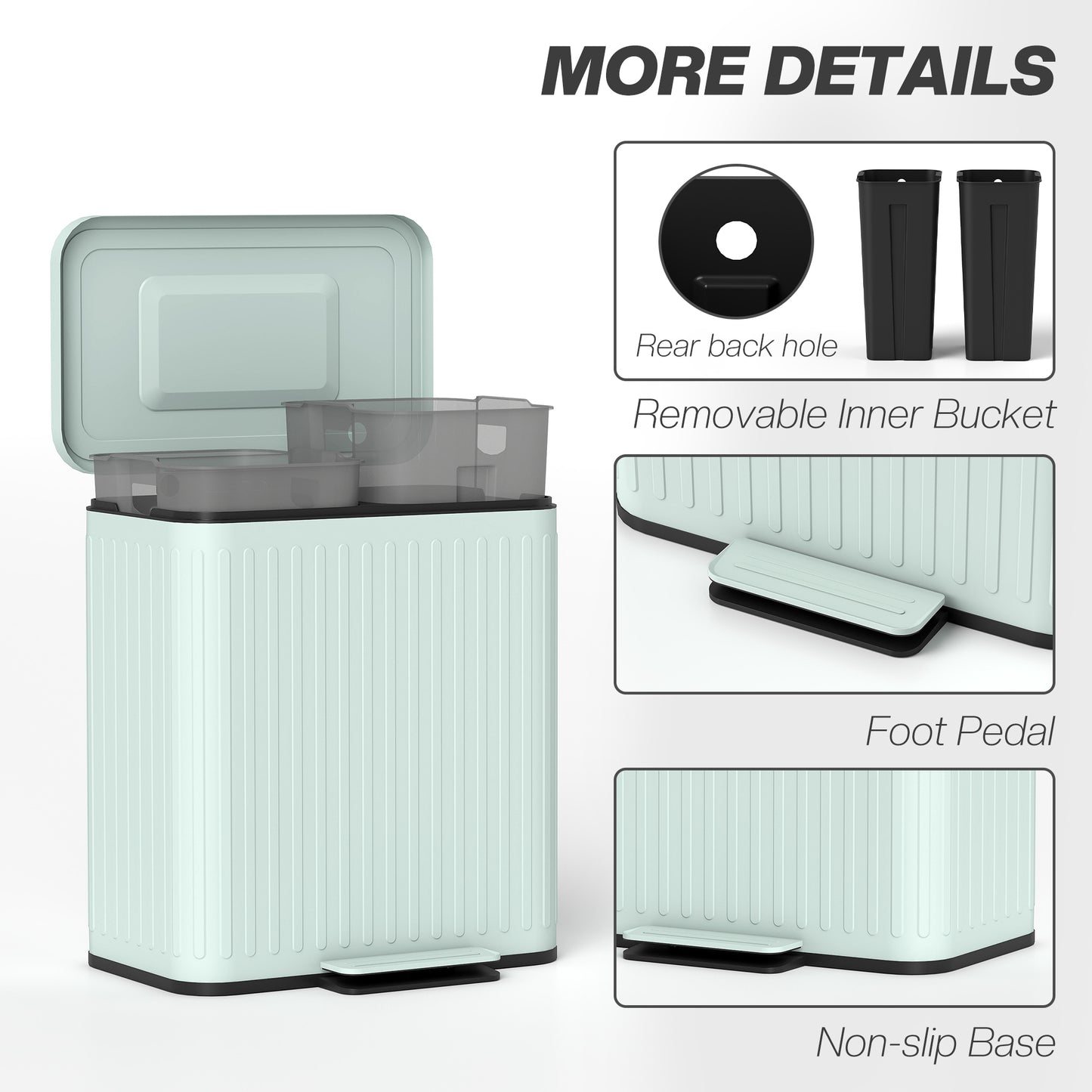 HOMCOM 40L Dual Compartment Rubbish Bin With Pedal And Soft Close Lid For Kitchen Stay Open Lid Green