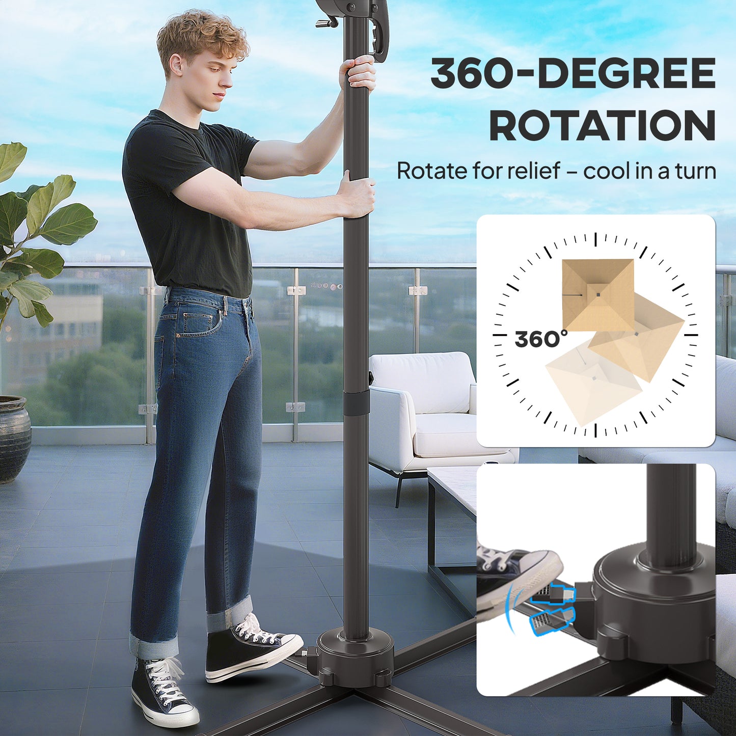 Outsunny 2.5m Cantilever Parasol With Solar Powered LED Lights 360 Degree Rotation Tilt Adjustment Crank Khaki