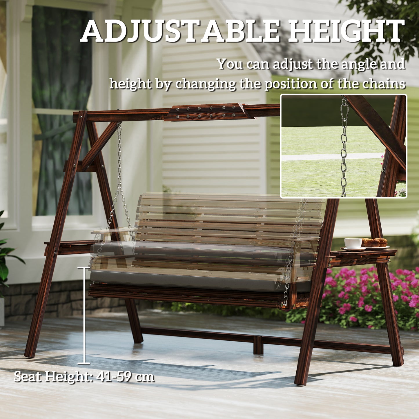 Outsunny 3 Seater Garden Swing Chair Bench With Cushion Side Trays Metal Chains Outdoor Porch Patio Carbonised Brown