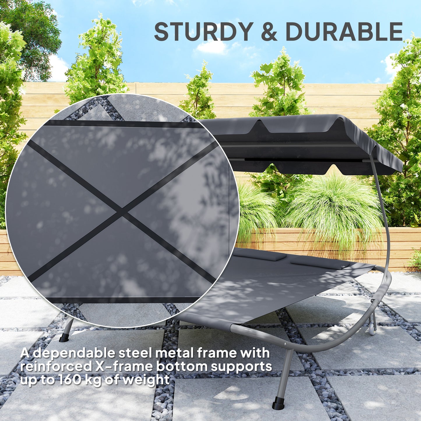 Outsunny Double Outdoor Bed With Adjustable Detachable Canopy Steel Frame And Wheels Light Grey