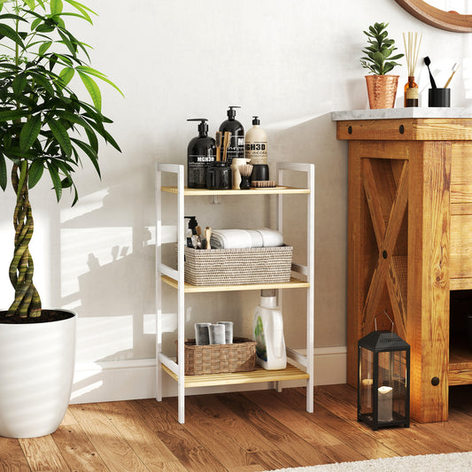 HOMCOM Bamboo Bathroom Shelf Storage Unit With Three Tier Design And Five Adjustable Levels