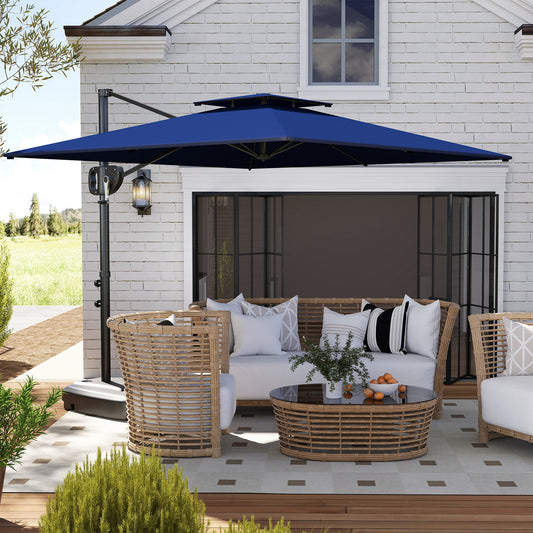 Outsunny Cantilever Parasol With Weighted Base Dark Blue Parasol Double Top Square Hanging Patio Umbrella Crank Tilt