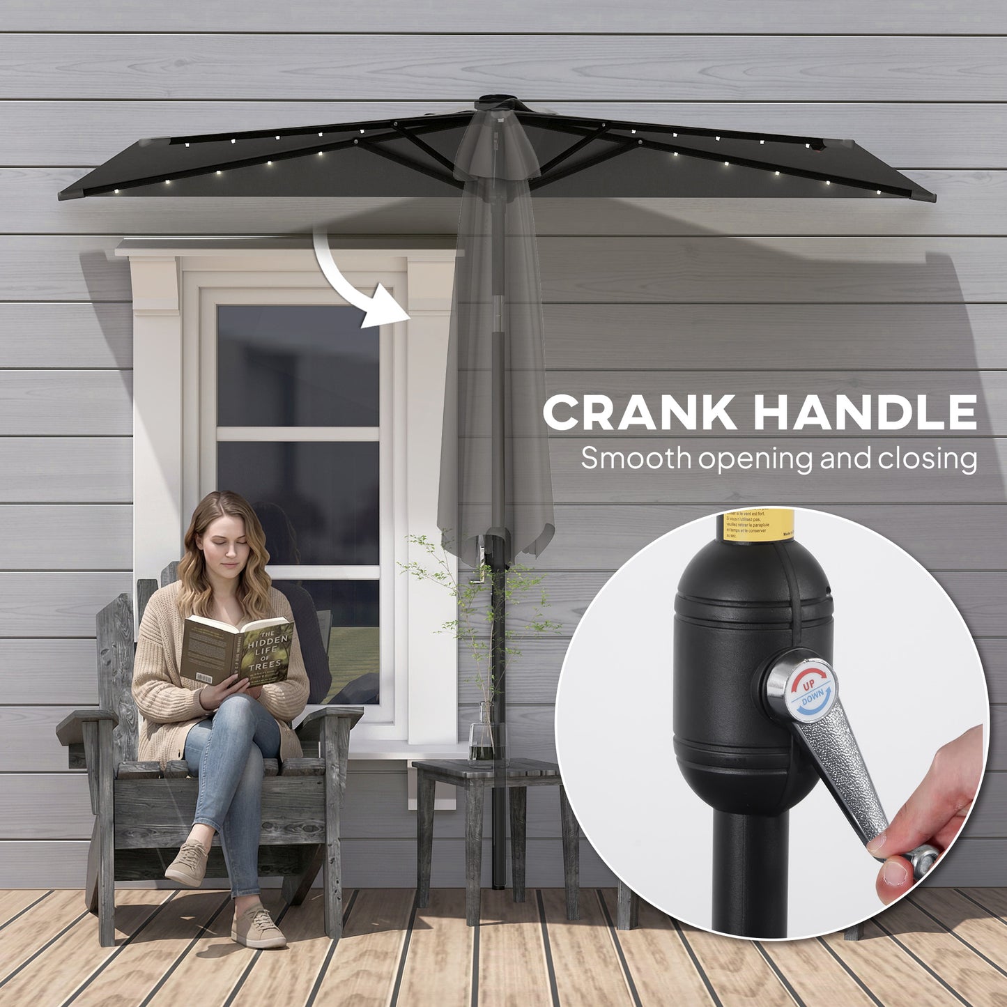 Outsunny 2.6 m Half Garden Parasol Solar LED Lights UPF50 Semi Round Umbrella 30 Degree Tilt Crank Handle Dark Grey