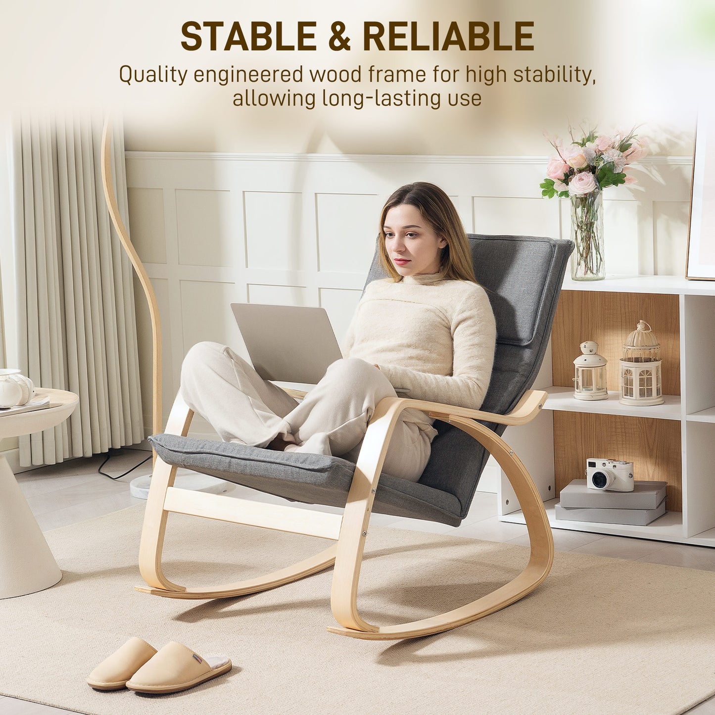 HOMCOM Comfortable Rocking Chair Upholstered Lounge Chair Recliner With High Back And Headrest Grey