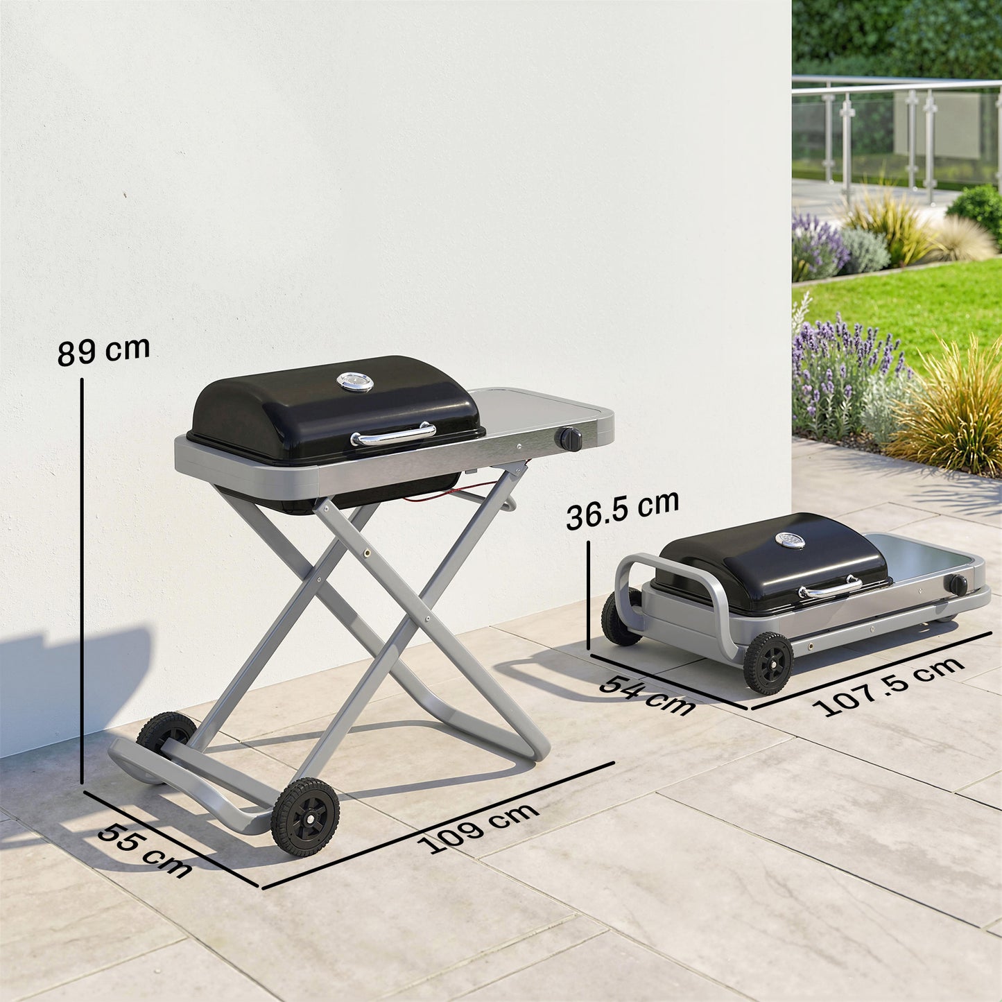 Outsunny Foldable Gas BBQ Grill With Side Table Portable 2.5 KW Thermometer Grease Box Wheels Black