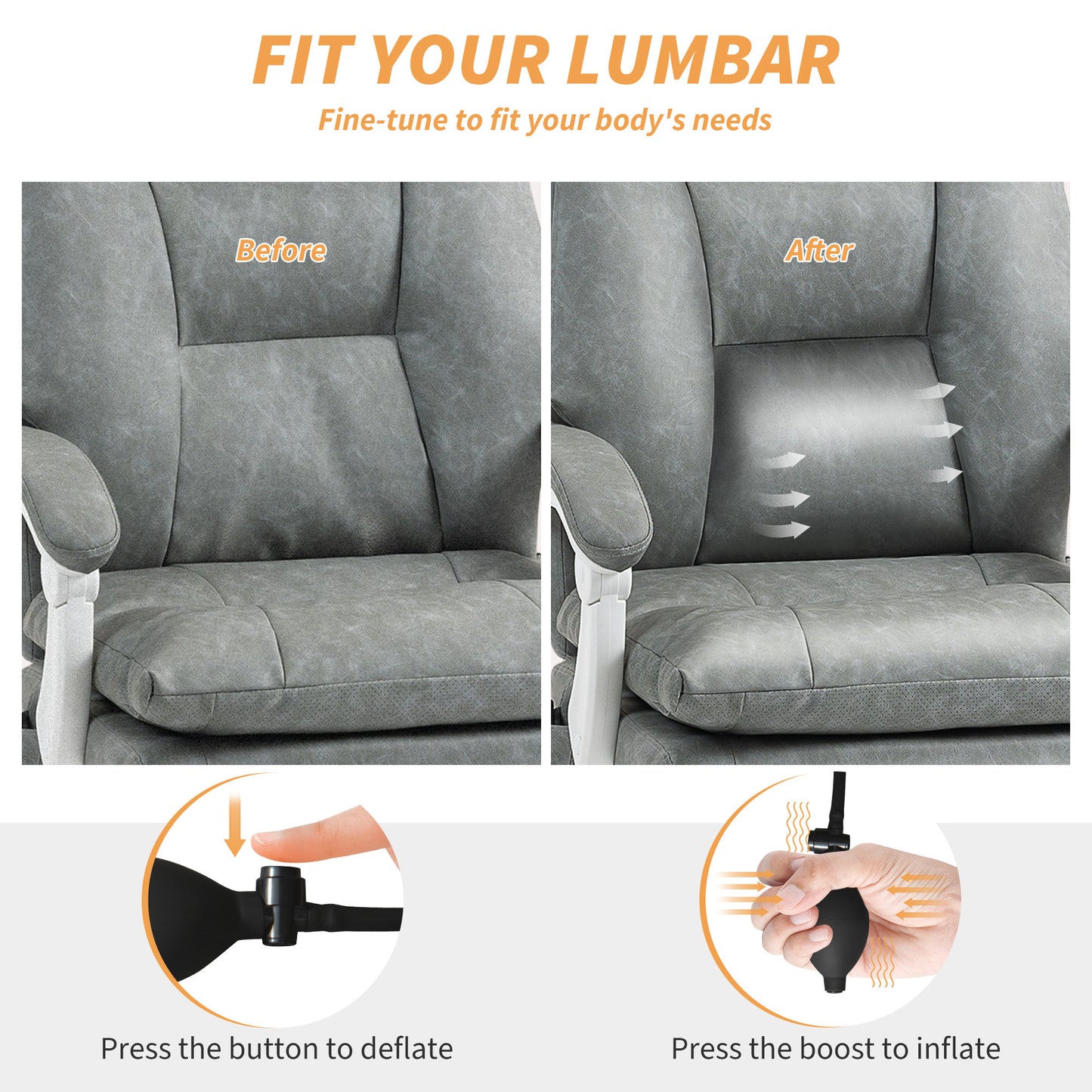 HOMCOM Faux Leather Office Chair With Inflatable Lumbar Support And 135 Degree Recline Grey
