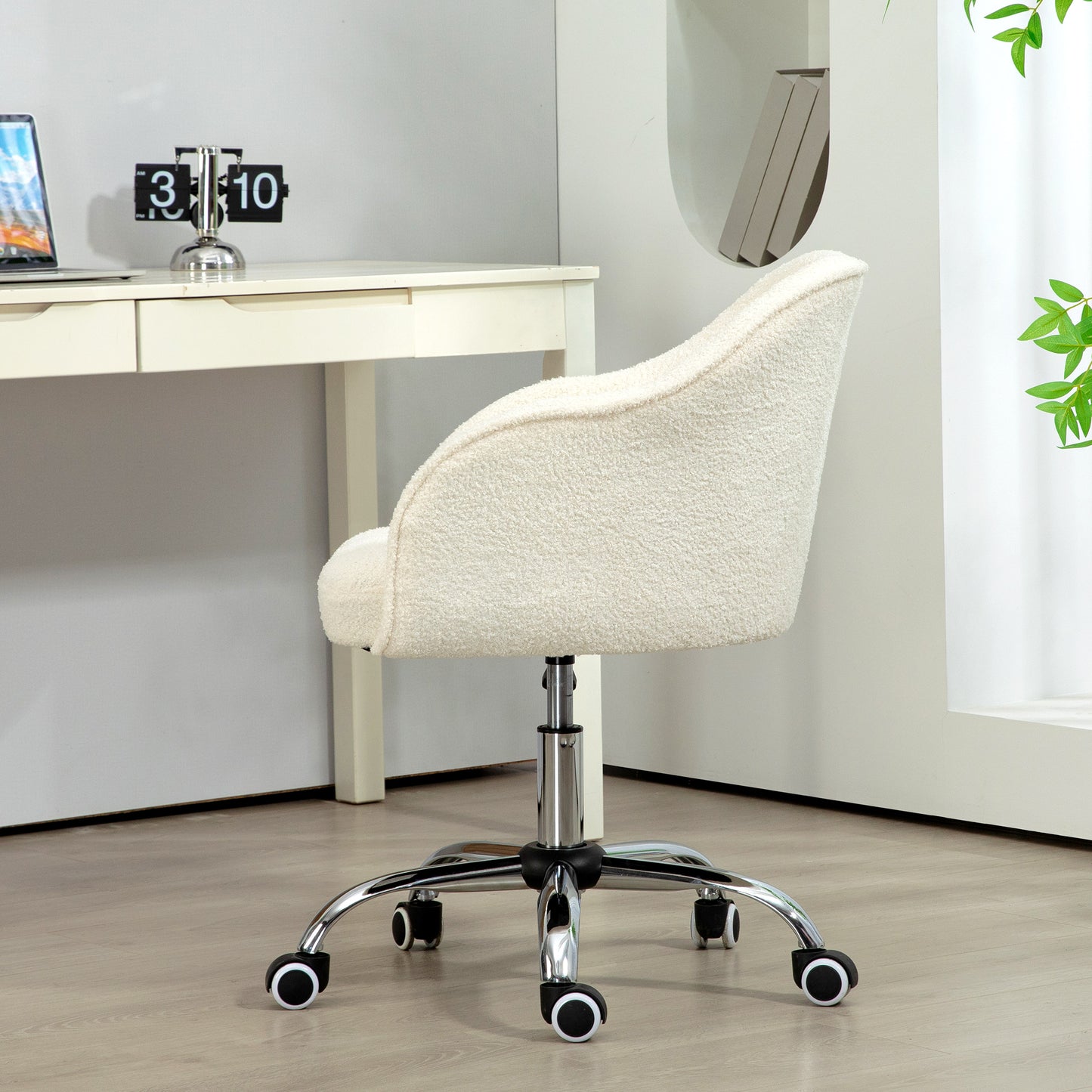 Vinsetto Cozy Cream White Fluffy Fabric Swivel Office Chair - Adjustable Makeup Vanity & Study Chair with Wheels