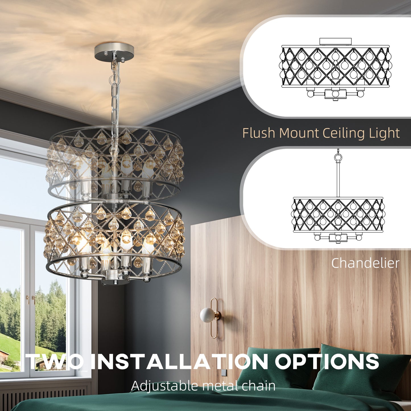HOMCOM 51 Crystallite Four Bulb Heads Chandelier Silver Tone With Adjustable 130 cm Chain