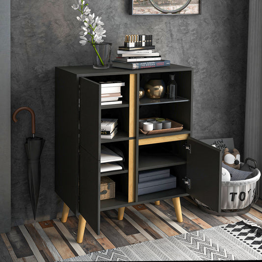 HOMCOM Storage Cabinet Sideboard Tempered Glass Adjustable Shelves Solid Wood Legs - ALL4U RETAILER LTD