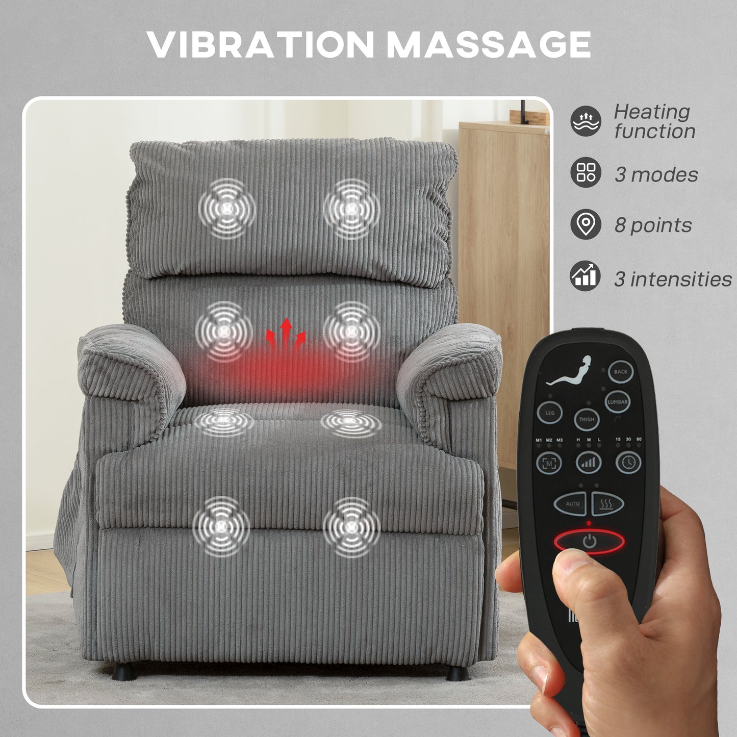 HOMCOM Corduroy Electric Massage Recliner Chair With Heat And Memory Function Grey