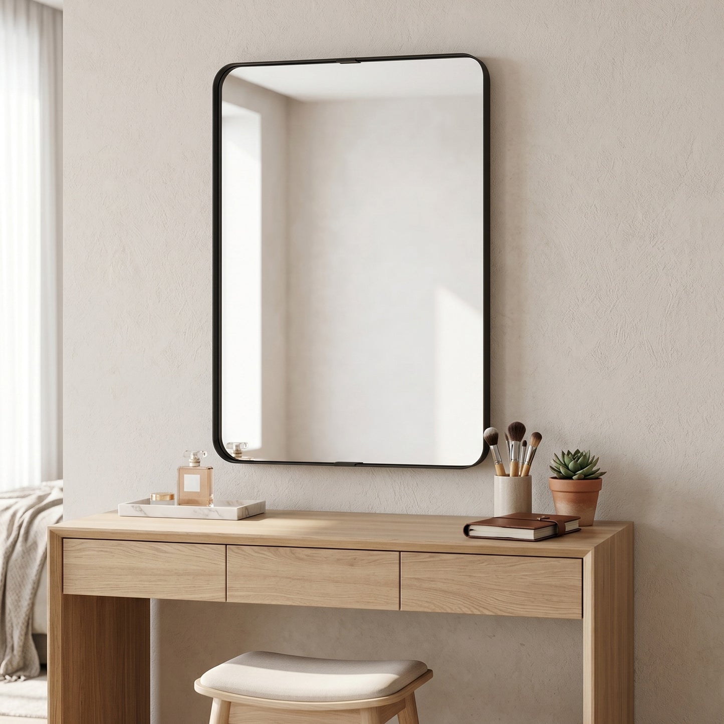 HOMCOM Runway Shaped Rectangular Wall Mirror 90 x 60 cm With Aluminium Alloy Frame And Tempered Glass In Black