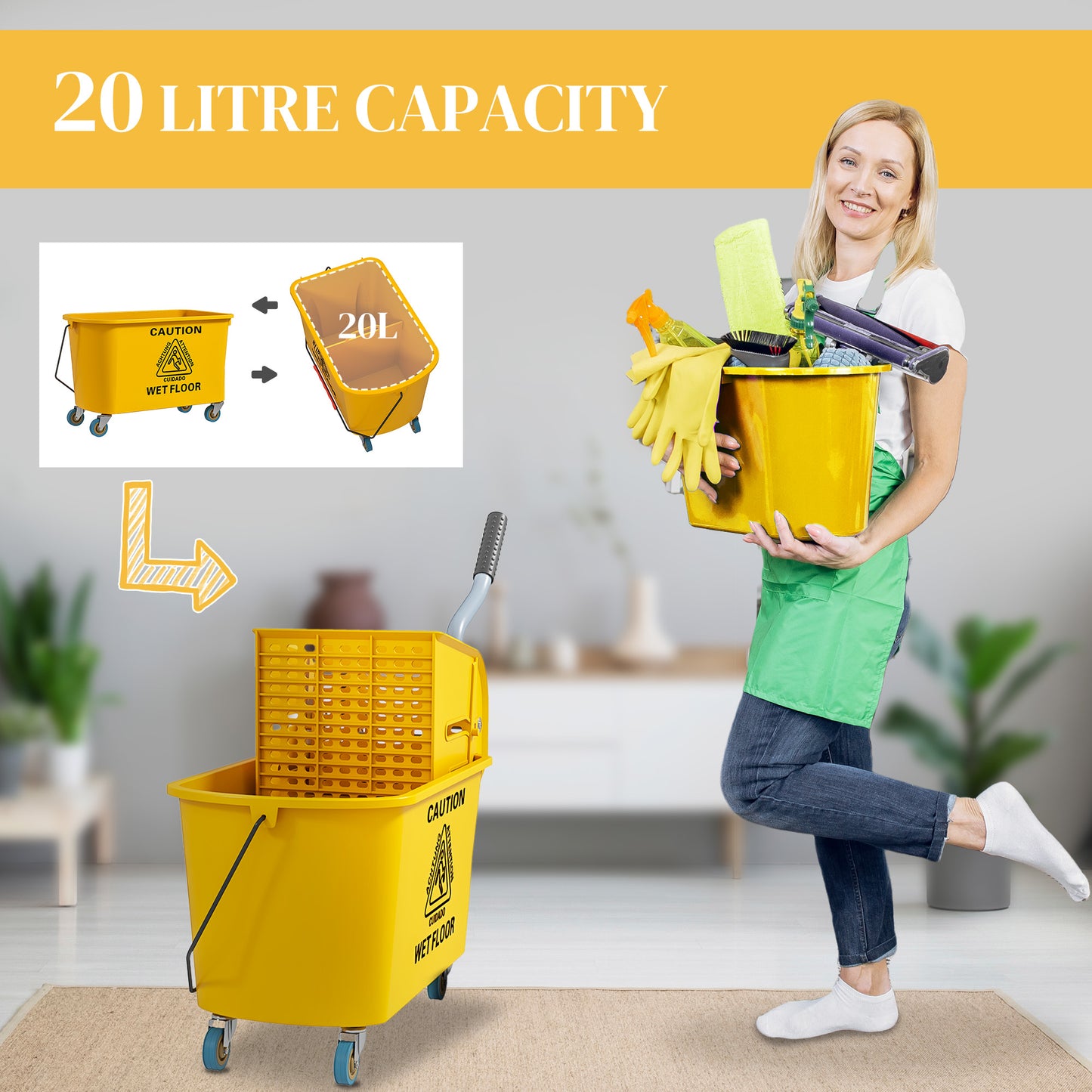 HOMCOM 20 Litre Mop Bucket With Wringer On Wheels Yellow For Floor Cleaning With Side Press And Included Mop