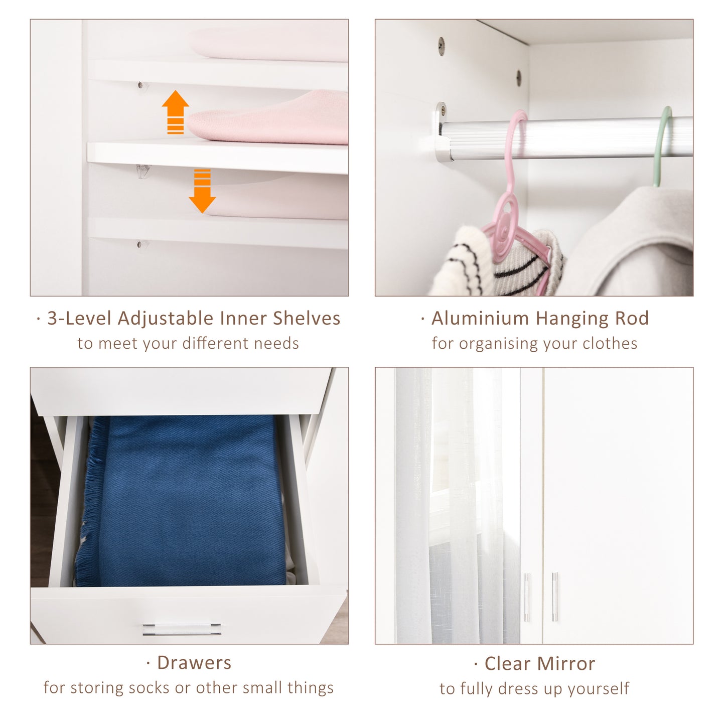 HOMCOM Two Door Three Drawer Mirrored Wardrobe With Hanging Rail And Adjustable Shelves White 80 Cm By 50 Cm By 180 Cm