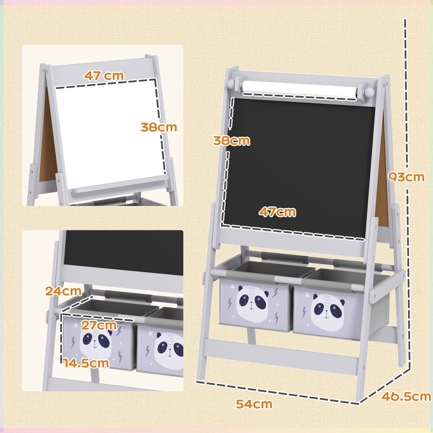 AIYAPLAY 3 In 1 Kids Easel With Paper Roll And Storage Blackboard Whiteboard Art Easel For Creative Play Grey