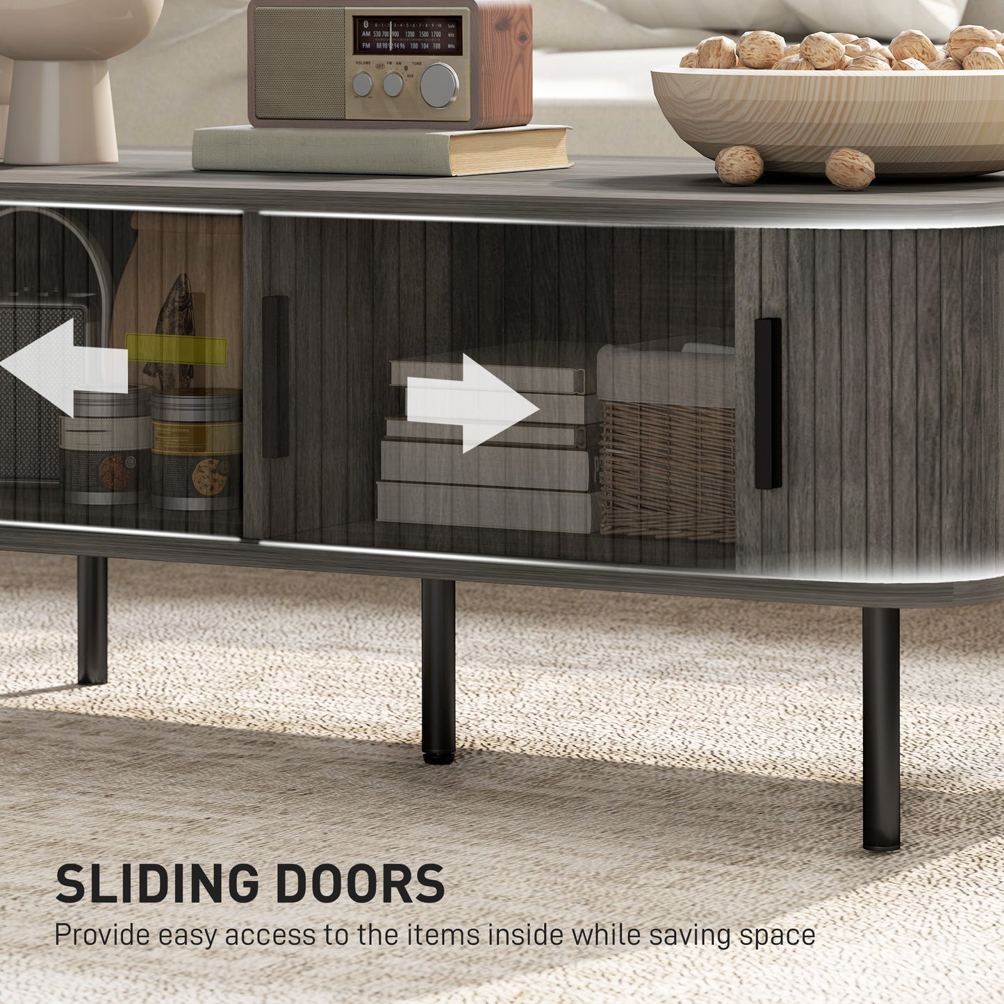 HOMCOM Coffee Table With Storage And Slatted Tambour Doors Elevated Base Grey Wood Effect Rectangular Living Room Table