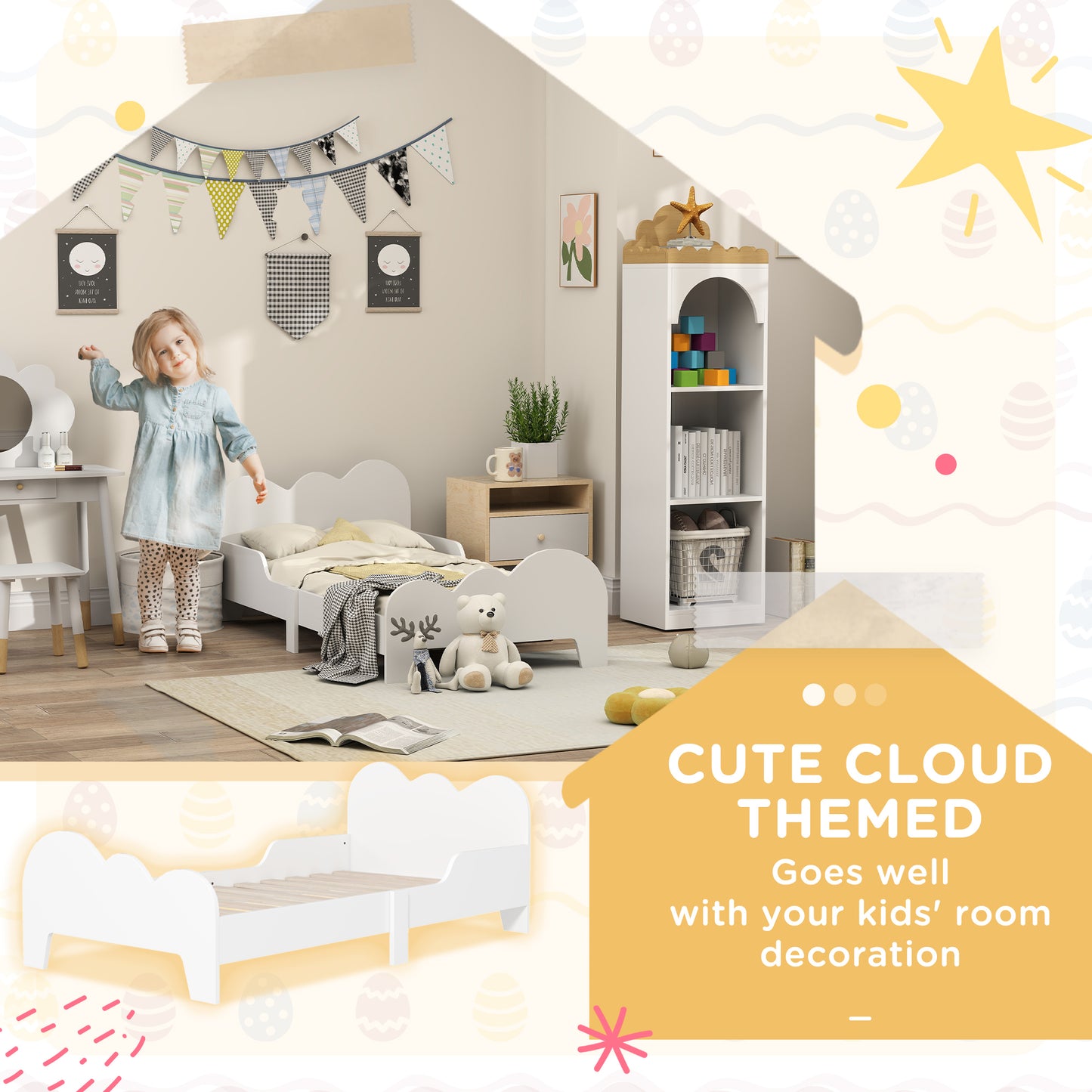 AIYAPLAY Cloud Themed Toddler Bed Frame With Safety Rails And Low Height For Easy Transition For Kids