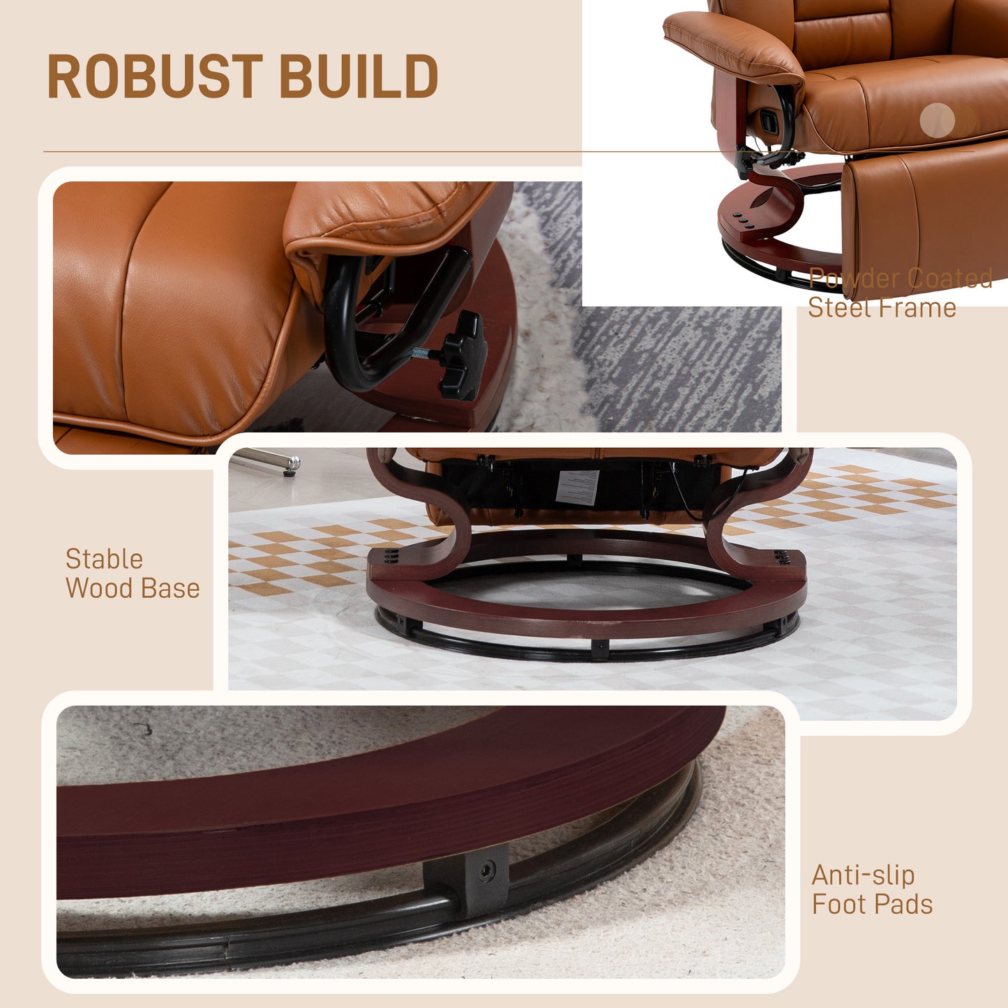 HOMCOM Faux Leather Recliner Chair Brown With 135 Degree Recline Built In Footrest And 360 Degree Swivel