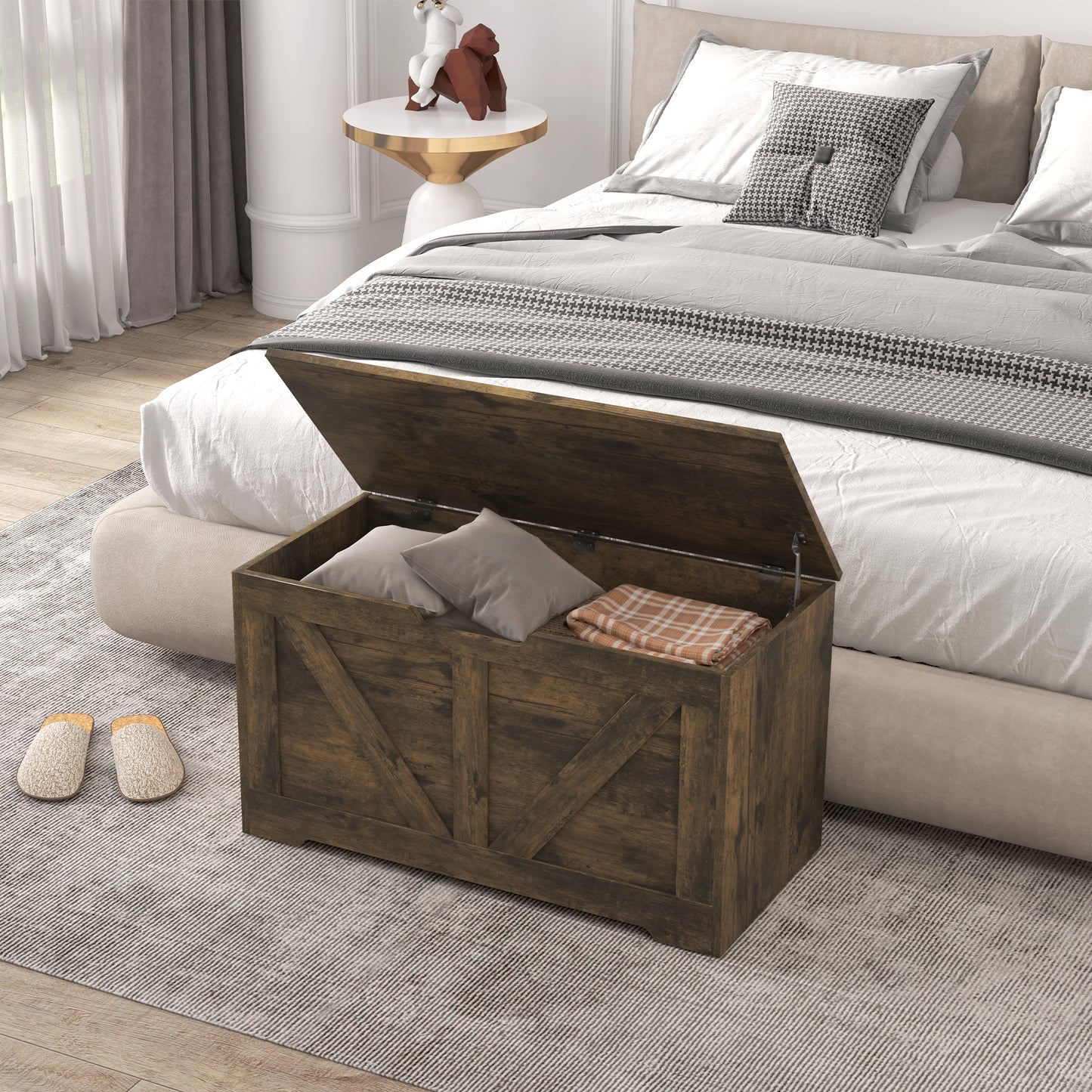 HOMCOM 100L Rustic Brown Storage Ottoman With Safety Hinges And Flat Lid For Seating