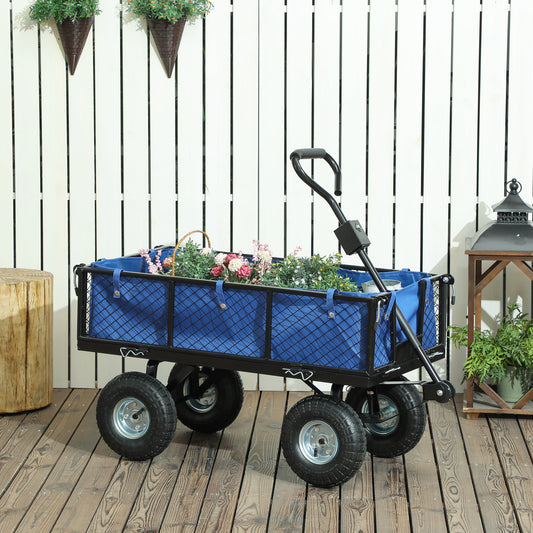 Outsunny 114L Steel Frame Garden Cart Trolley Heavy Duty With Removable Waterproof Bag Blue