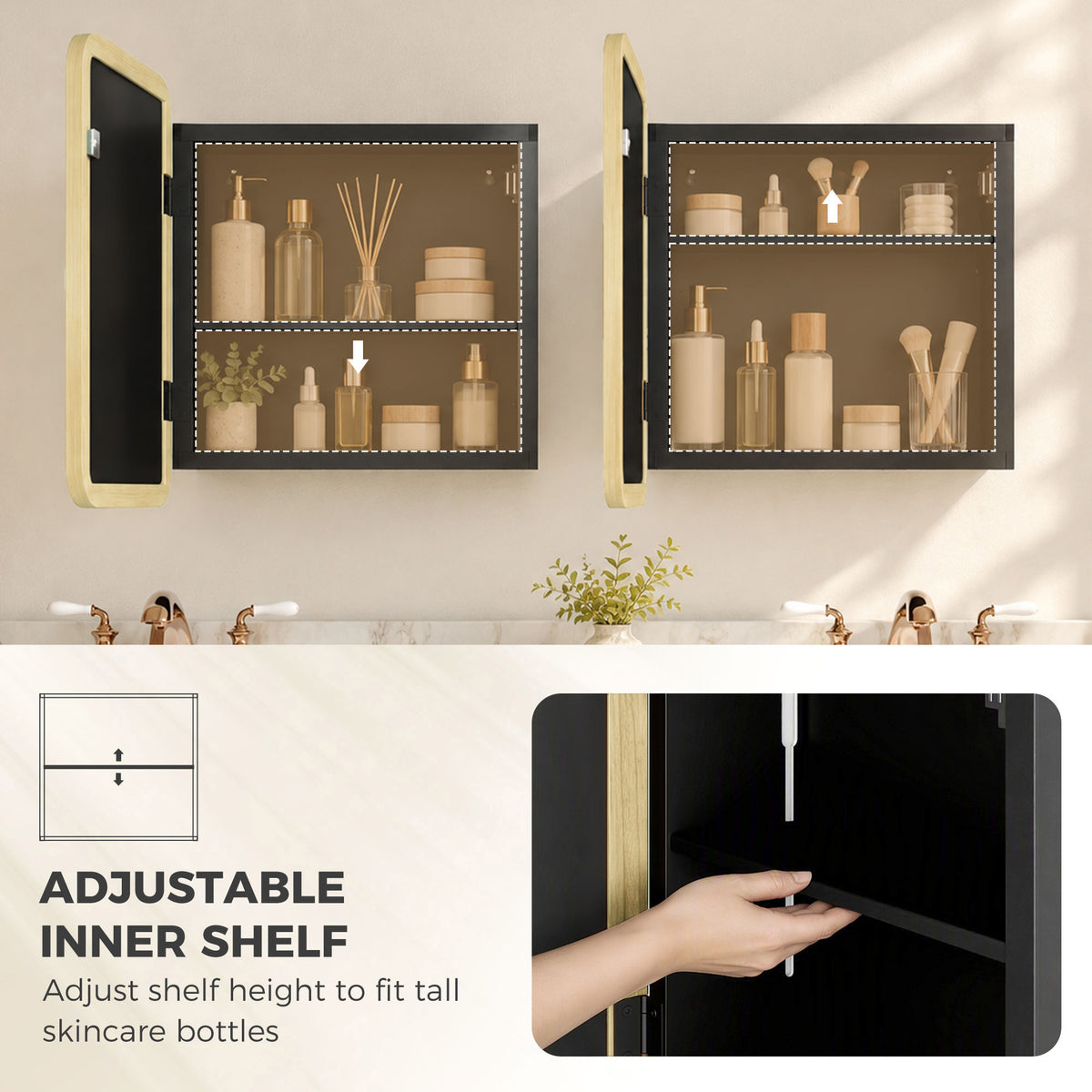 Bathroom medicine cabinet with mirror, open doors showing storage shelves inside