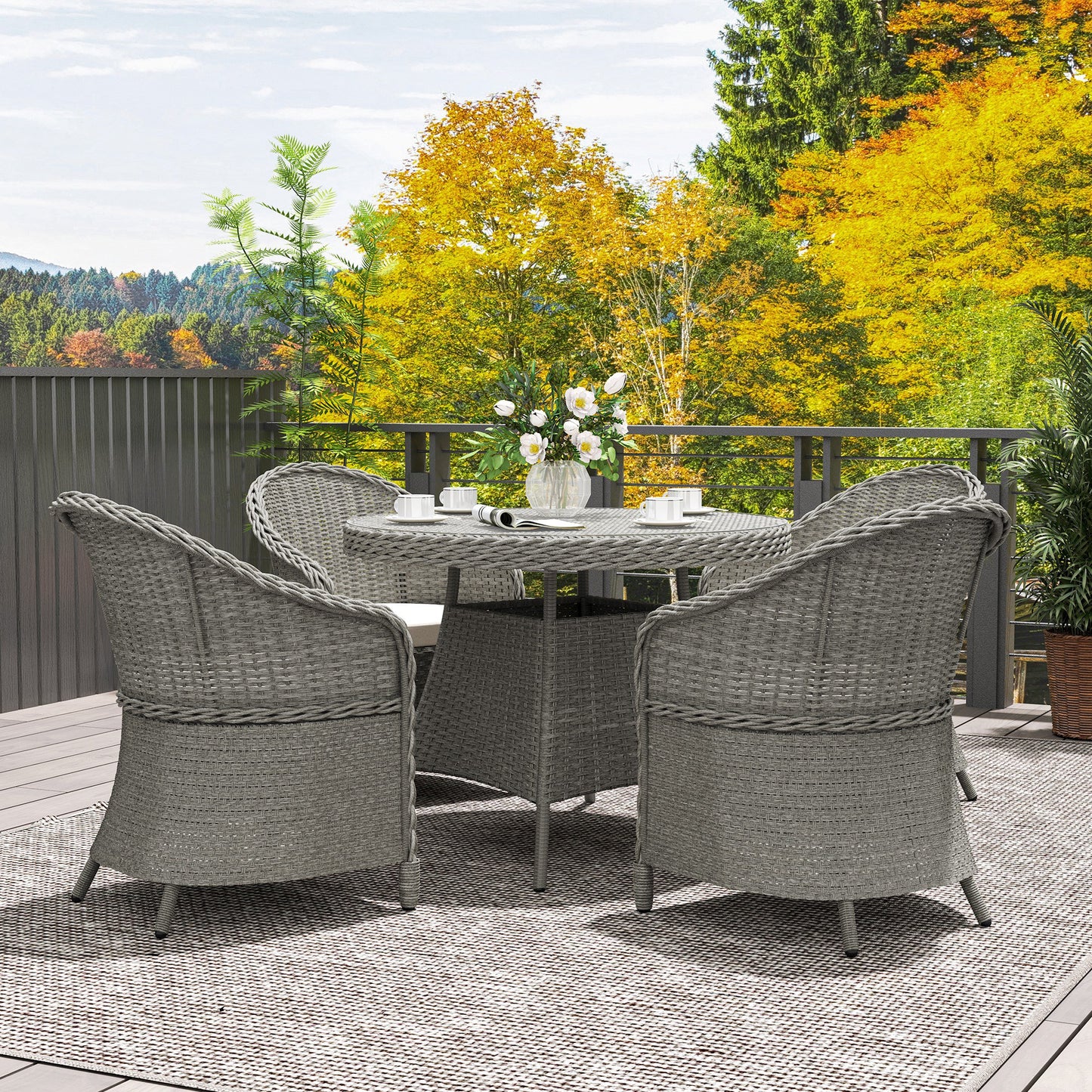 Outsunny 4 Seater Rattan Furniture Set With Cushions Round PE Rattan Dining Set Glass Top Table Umbrella Hole Grey