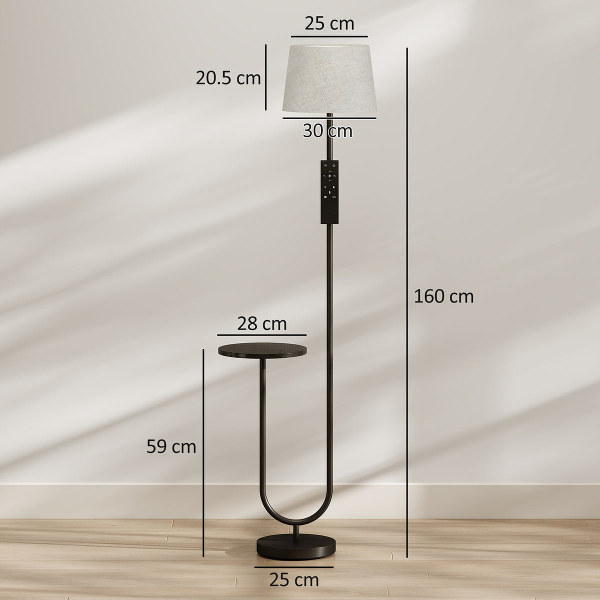 Tall floor lamp with linen shade and curved base, shown with size measurements