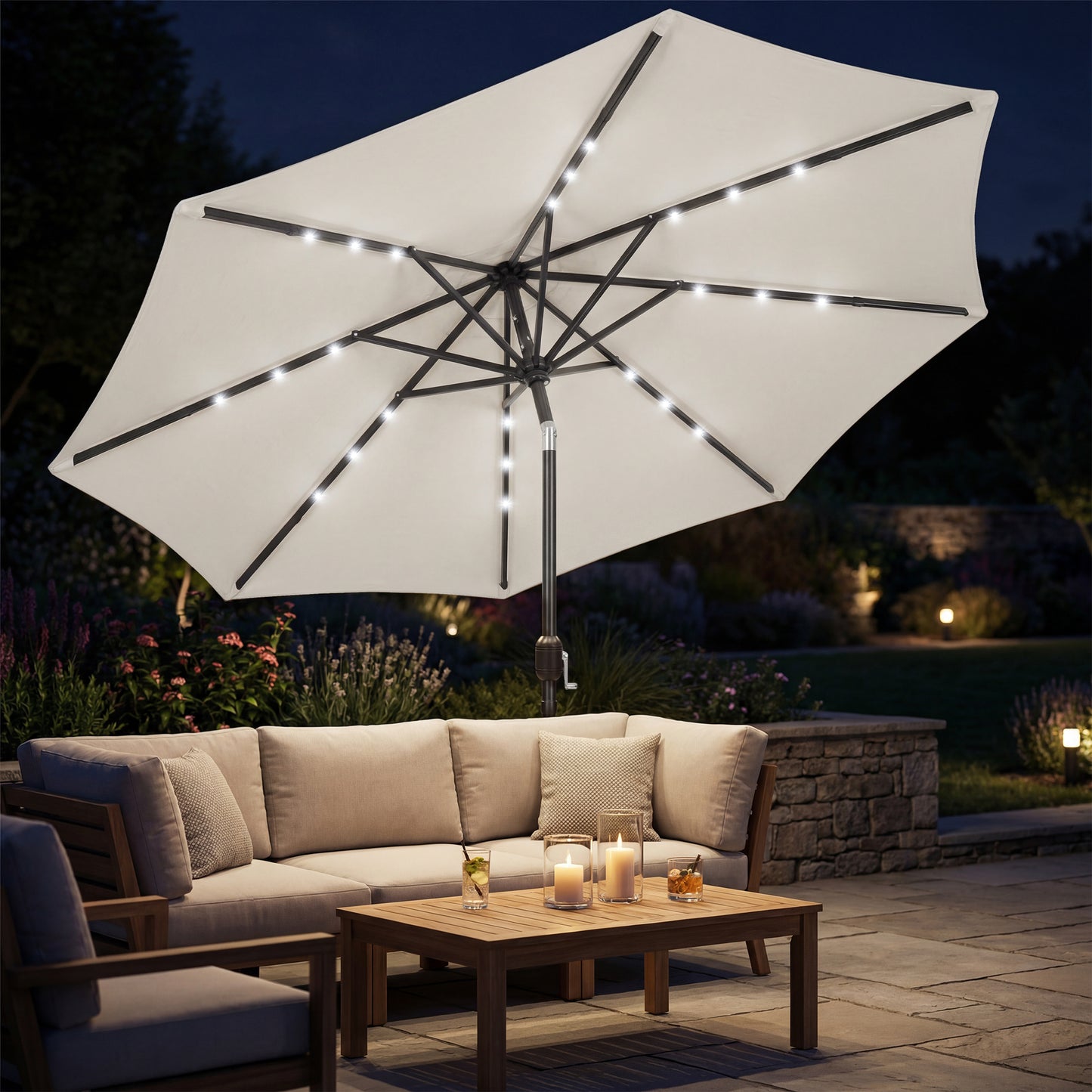 Outsunny 2.6 m Garden Parasol Umbrella With LED Solar Lights Cream White Canopy Includes Parasol Cover