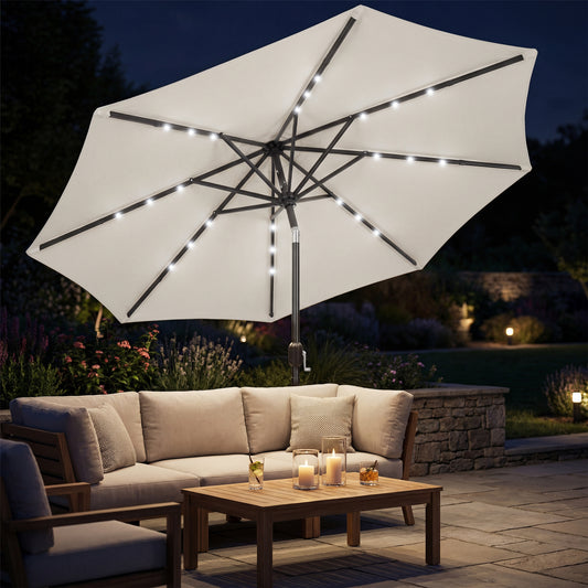 Outsunny 2.6 m Garden Parasol Umbrella With LED Solar Lights Cream White Canopy Includes Parasol Cover