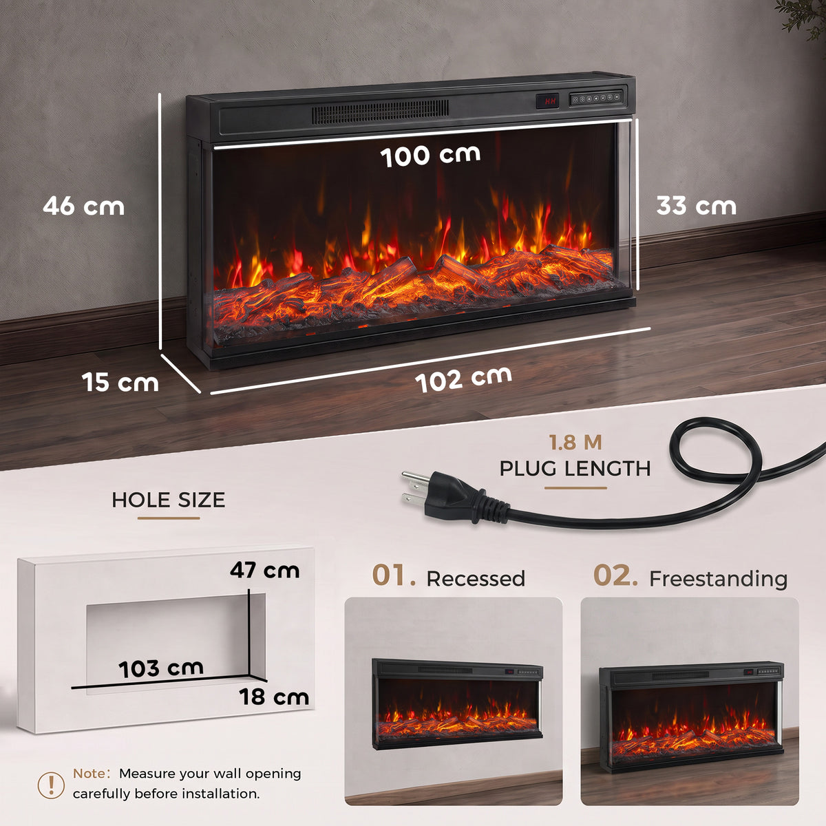 Electric fireplace wall heater with dimensions diagram and power cord length