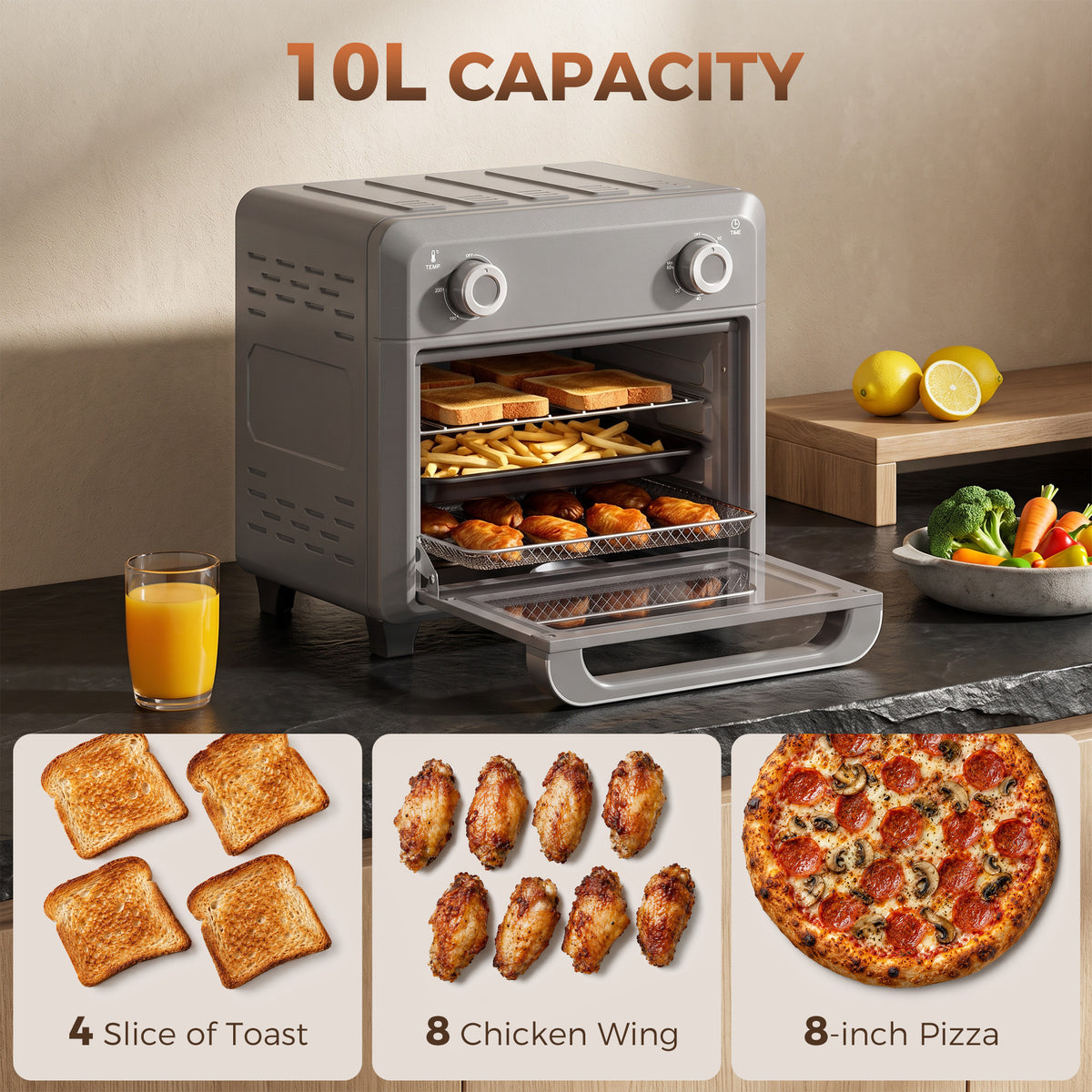 Grey air fryer oven with open door and lower rack, showing cooked toast and wings
