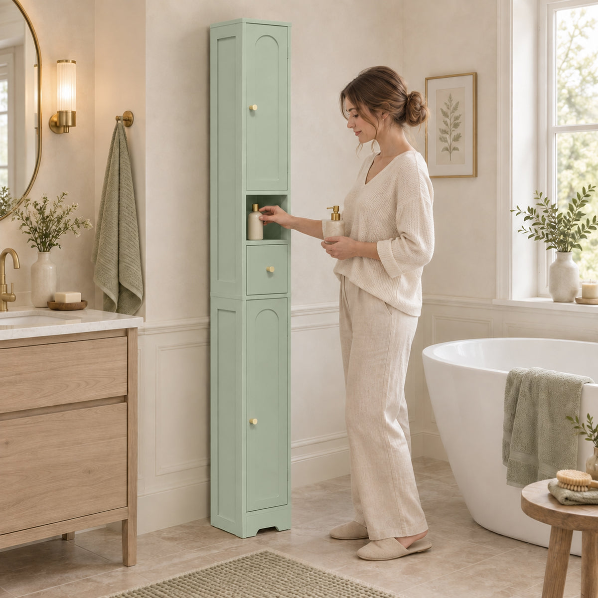Light green tall bathroom cabinet with arched door and shelf, door open.